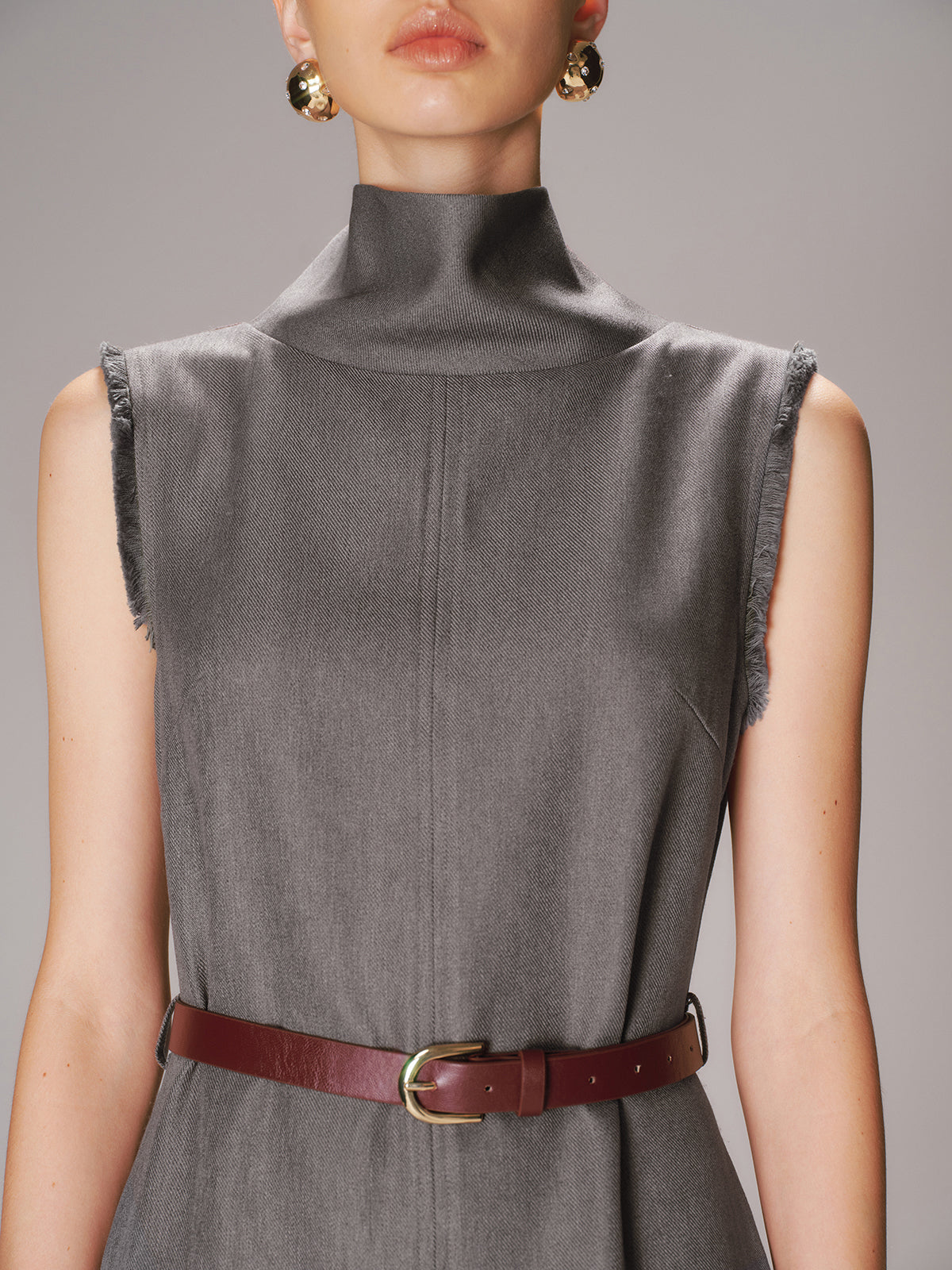 Belted Turtleneck Sleeveless Maxi Dress-Chicvia