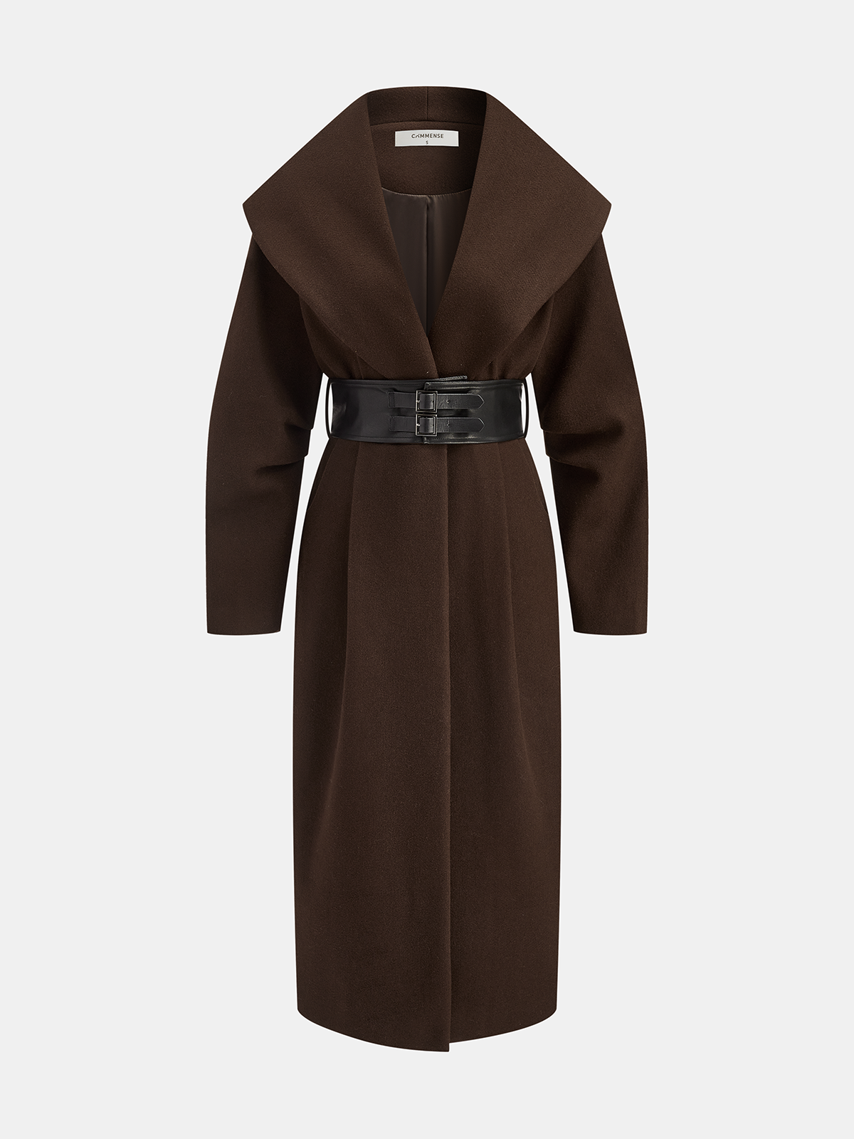 Oversized Collar Tweed Long Coat with Wide Belt-Chicvia