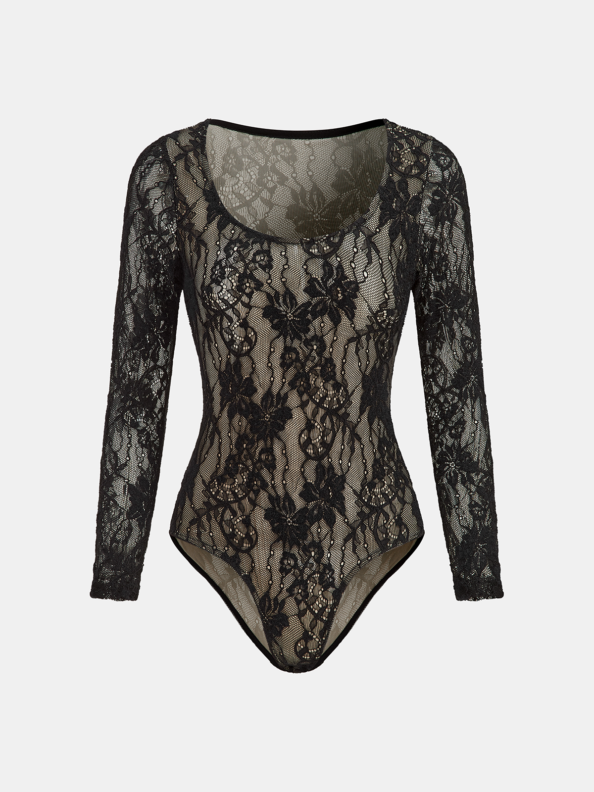 Floral Lace Long-Sleeve Bodysuit-Chicvia