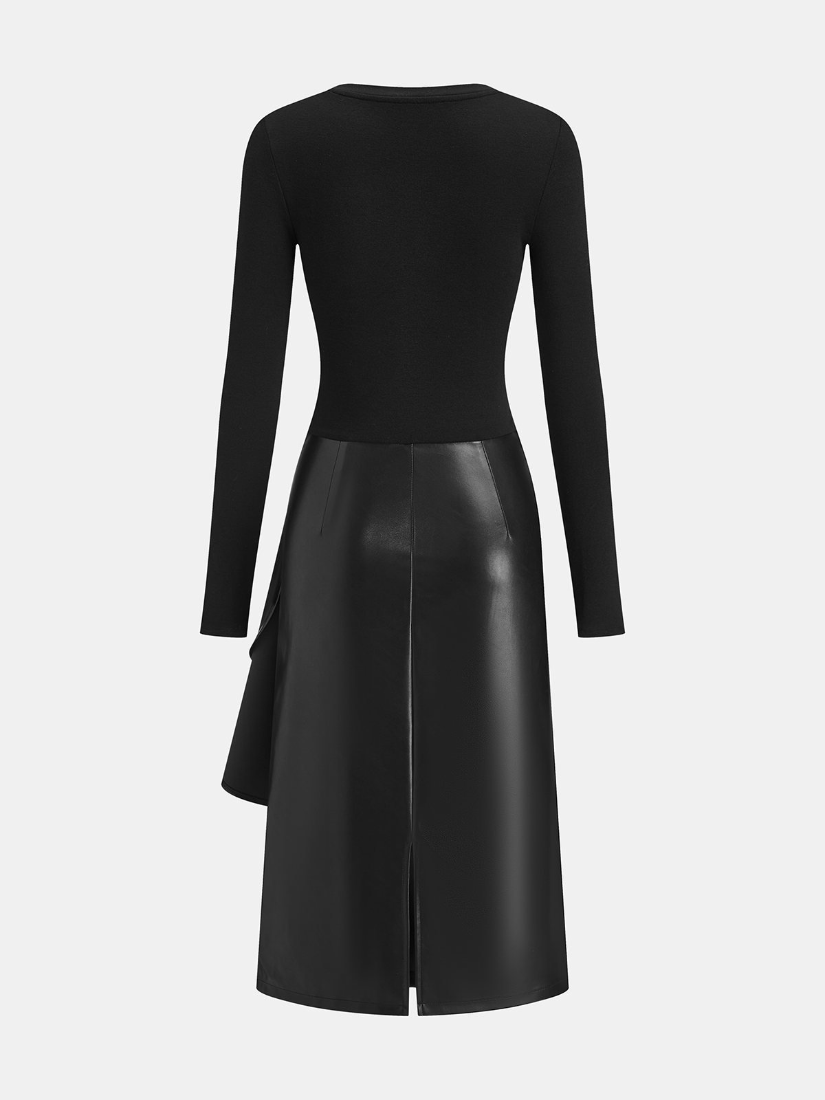 Knit & Faux Leather Panel Asymmetric Maxi Dress-Chicvia