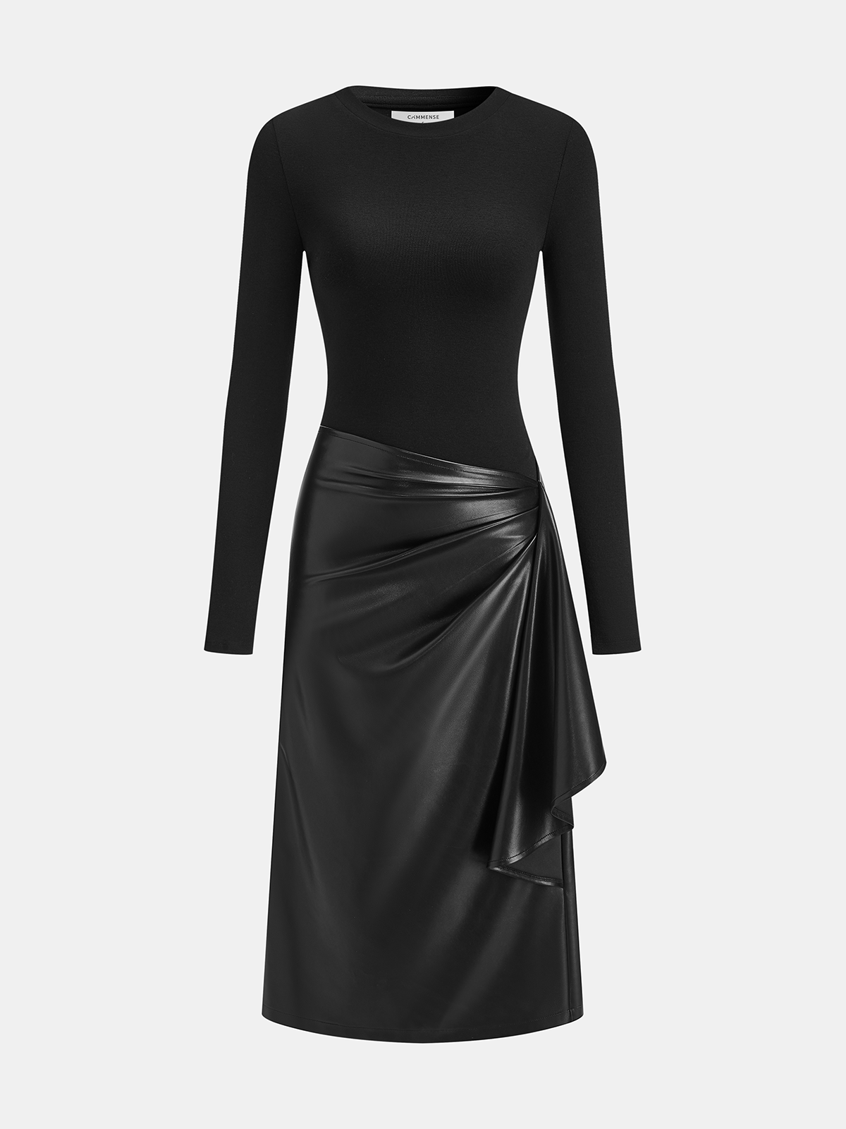 Knit & Faux Leather Panel Asymmetric Maxi Dress-Chicvia