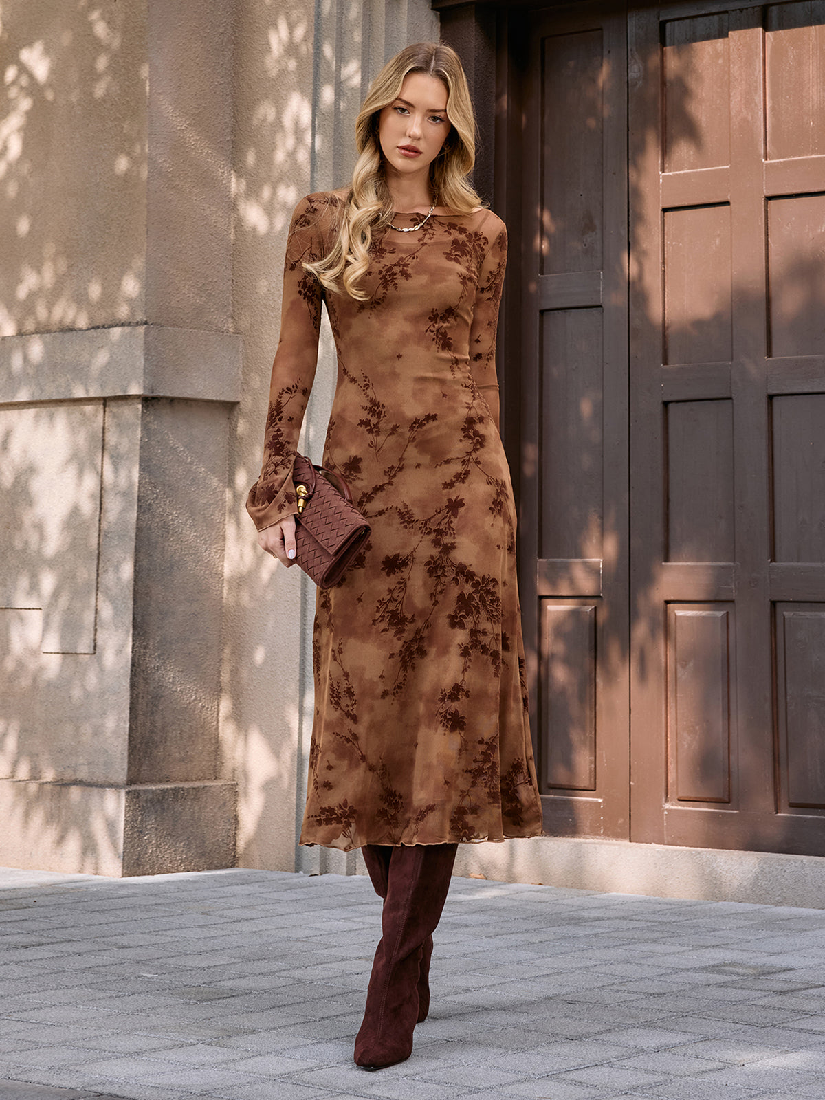 Flocked Floral Maxi Dress with Long Camisole-Chicvia