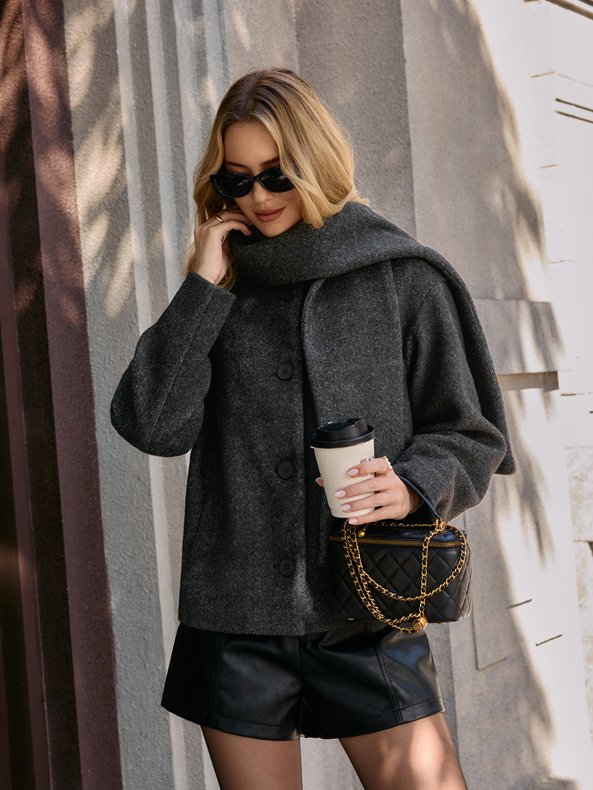 Cropped Bouclé Coat with Scarf-Chicvia