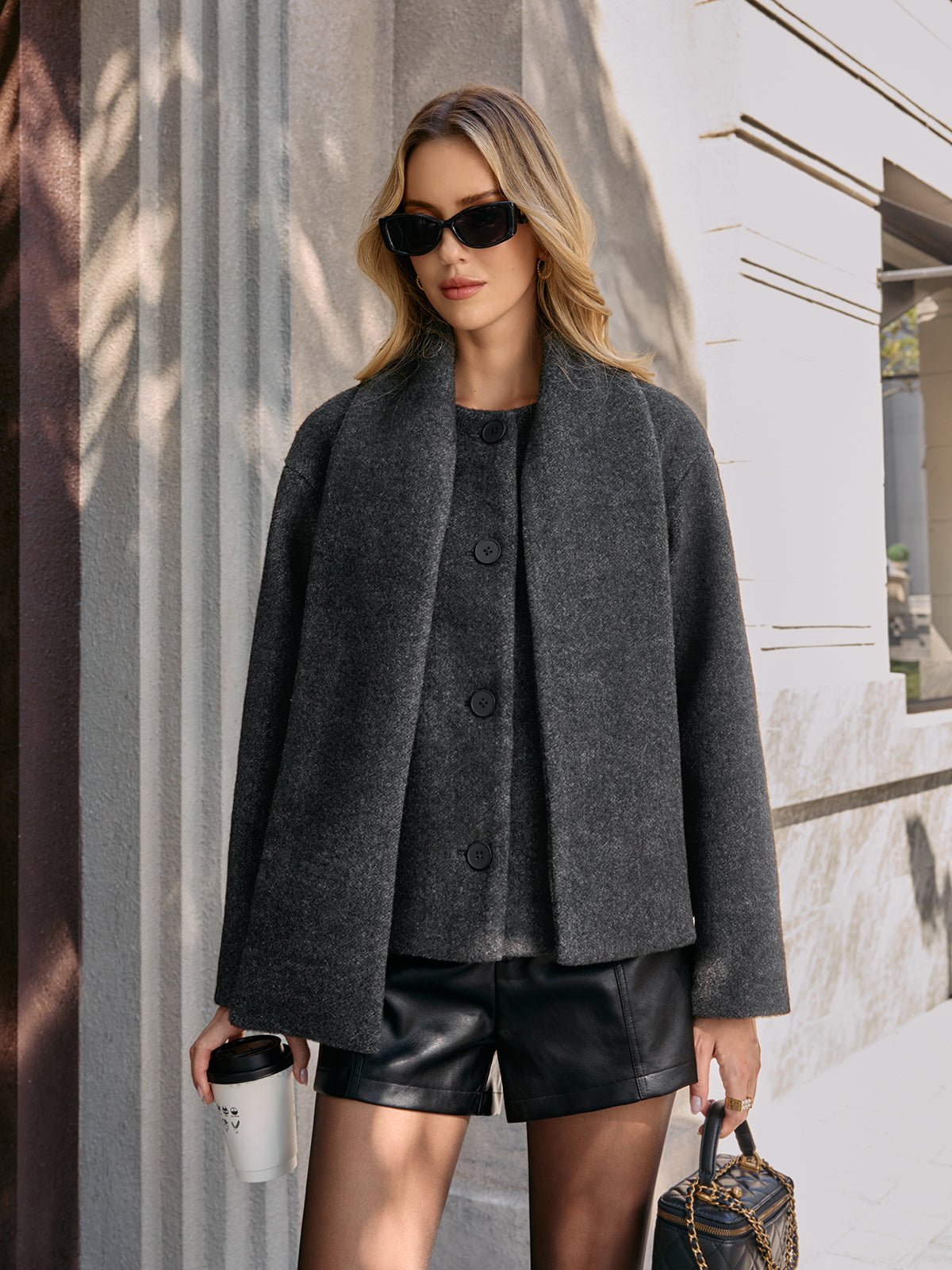 Cropped Bouclé Coat with Scarf-Chicvia