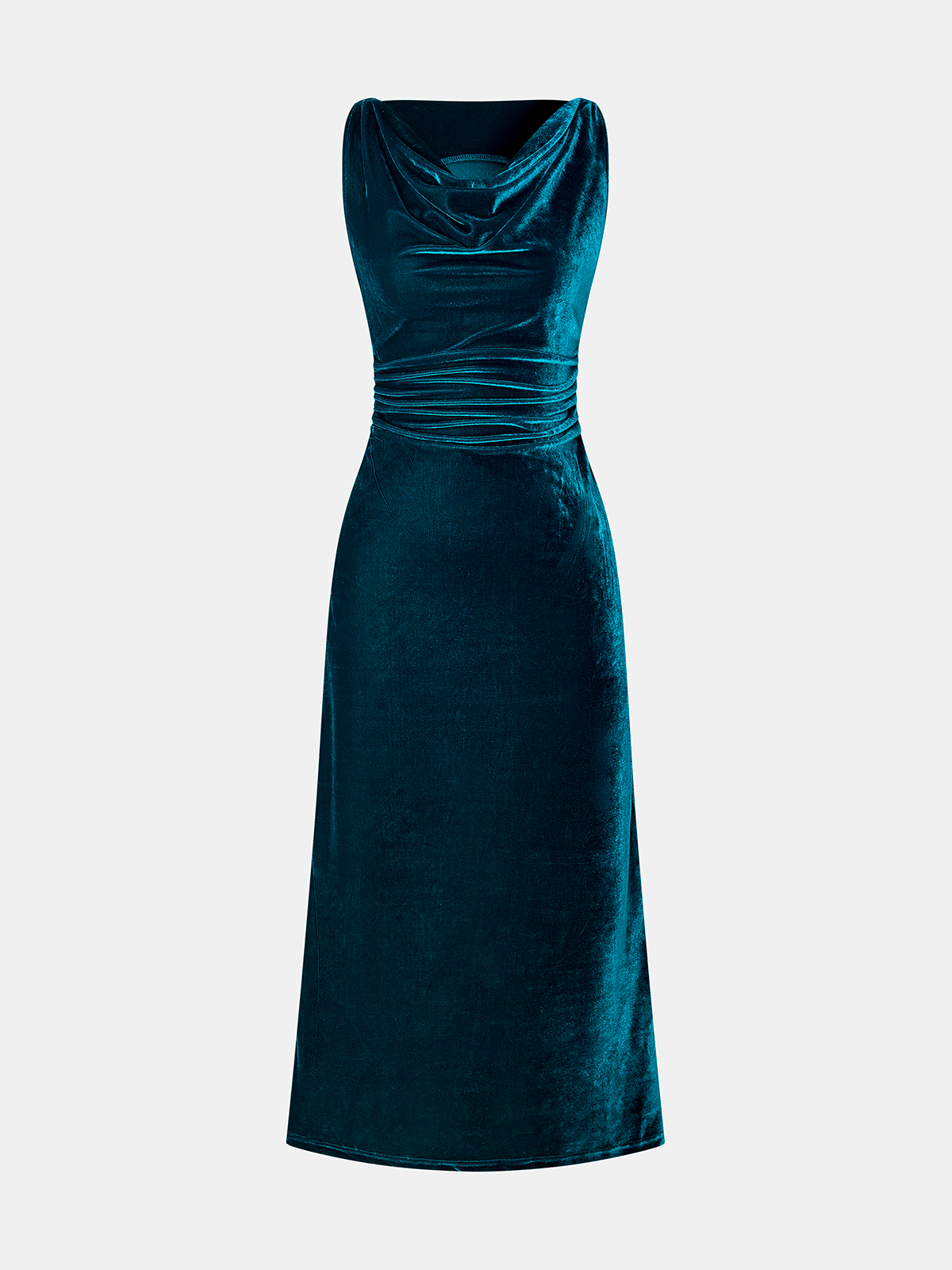 Cowl Neck Ruched Velvet Sleeveless Dress-Chicvia