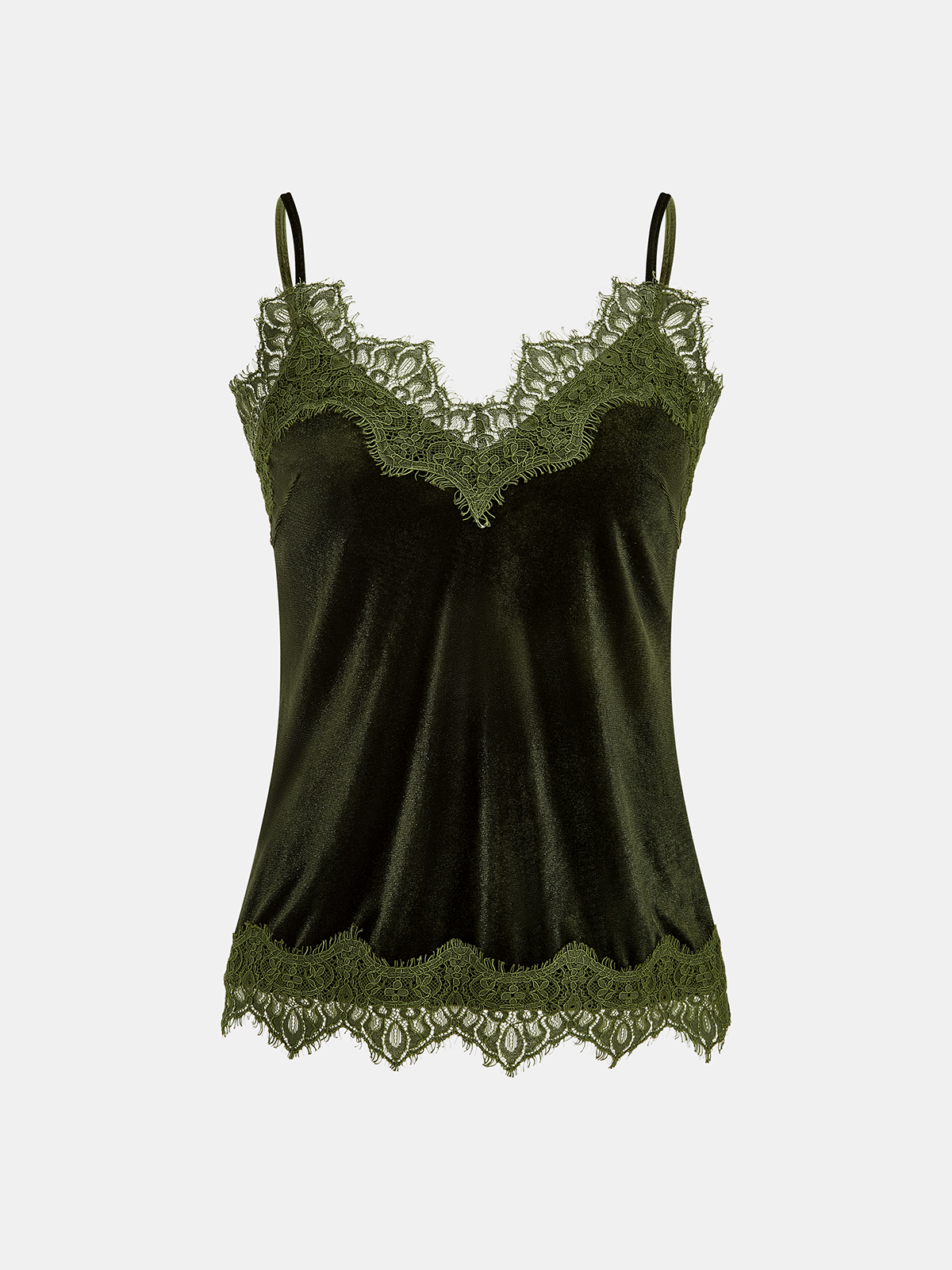 Lace Trim Velvet Cami Top-Chicvia