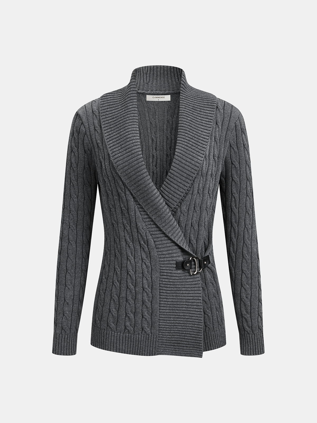 Buckle Detail Shawl Collar Cable-Knit Cardigan-Chicvia