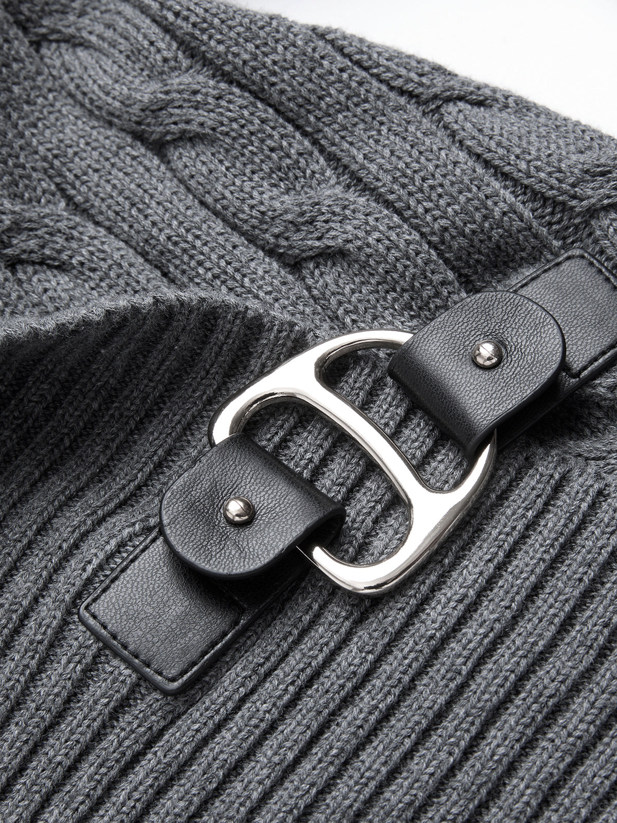 Buckle Detail Shawl Collar Cable-Knit Cardigan-Chicvia