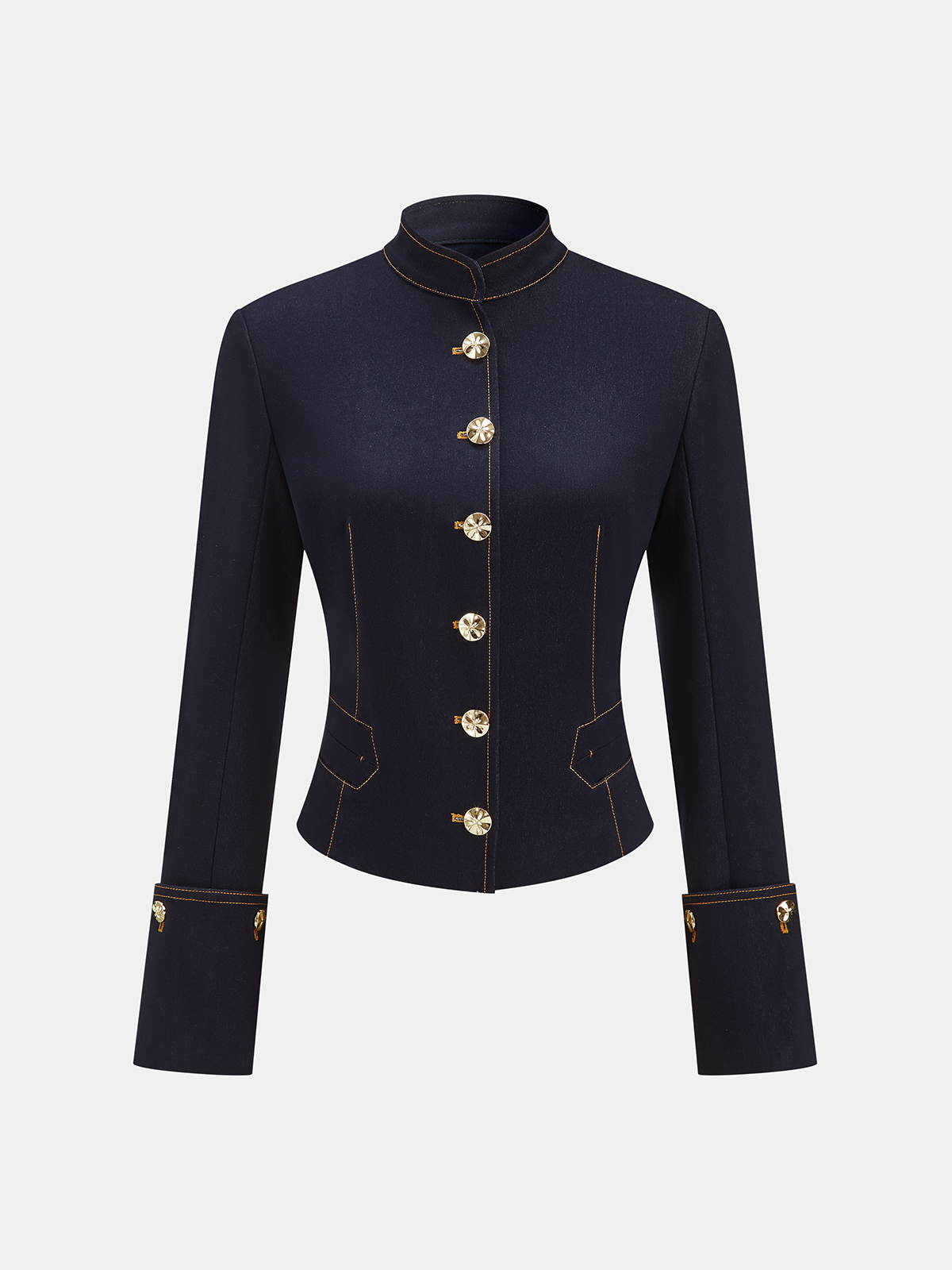 Faux Denim Metal Button Stand-Collar Blazer-Chicvia