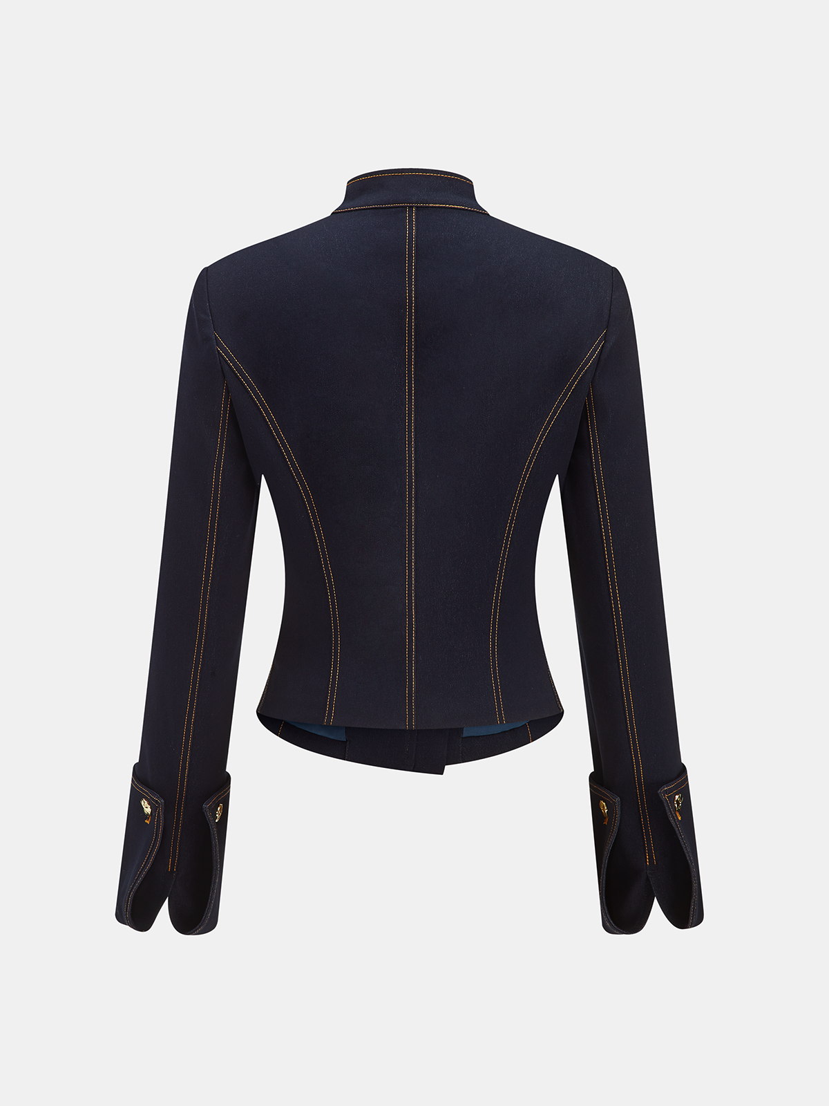 Faux Denim Metal Button Stand-Collar Blazer-Chicvia