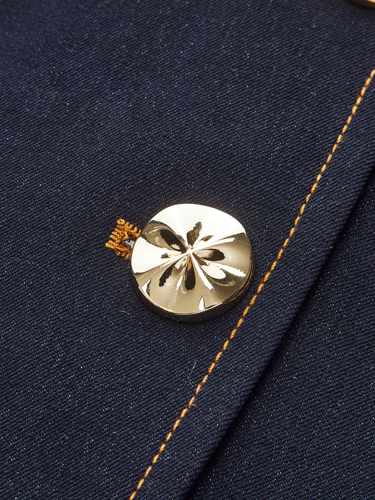 Faux Denim Metal Button Stand-Collar Blazer-Chicvia