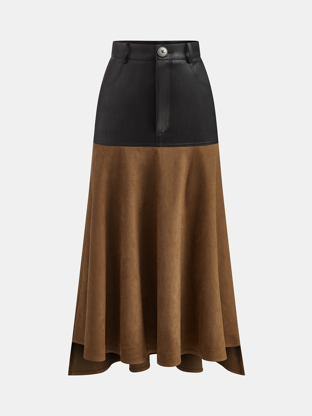 Faux Leather Panel Suede Effect Midi Skirt-Chicvia