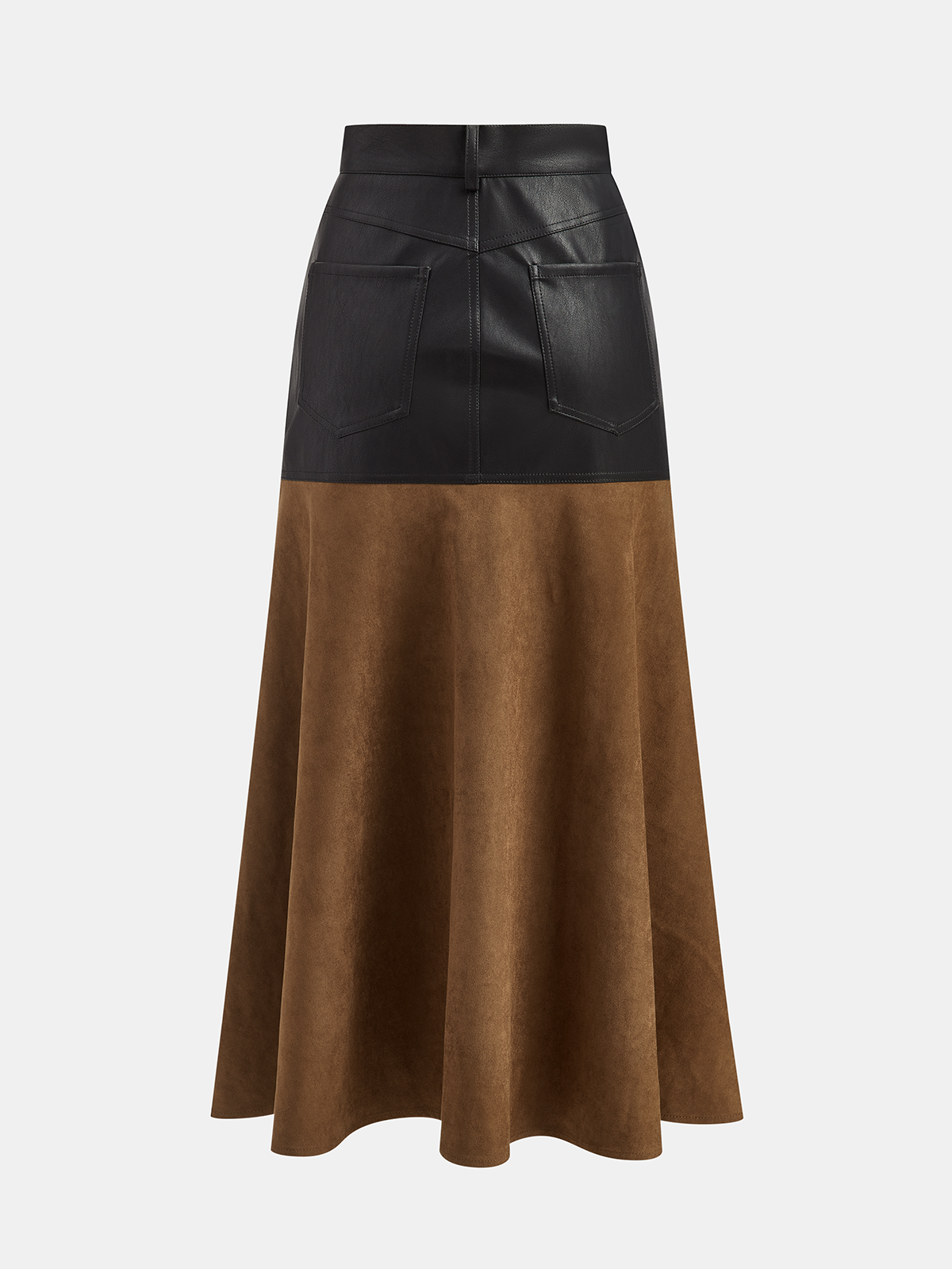 Faux Leather Panel Suede Effect Midi Skirt-Chicvia