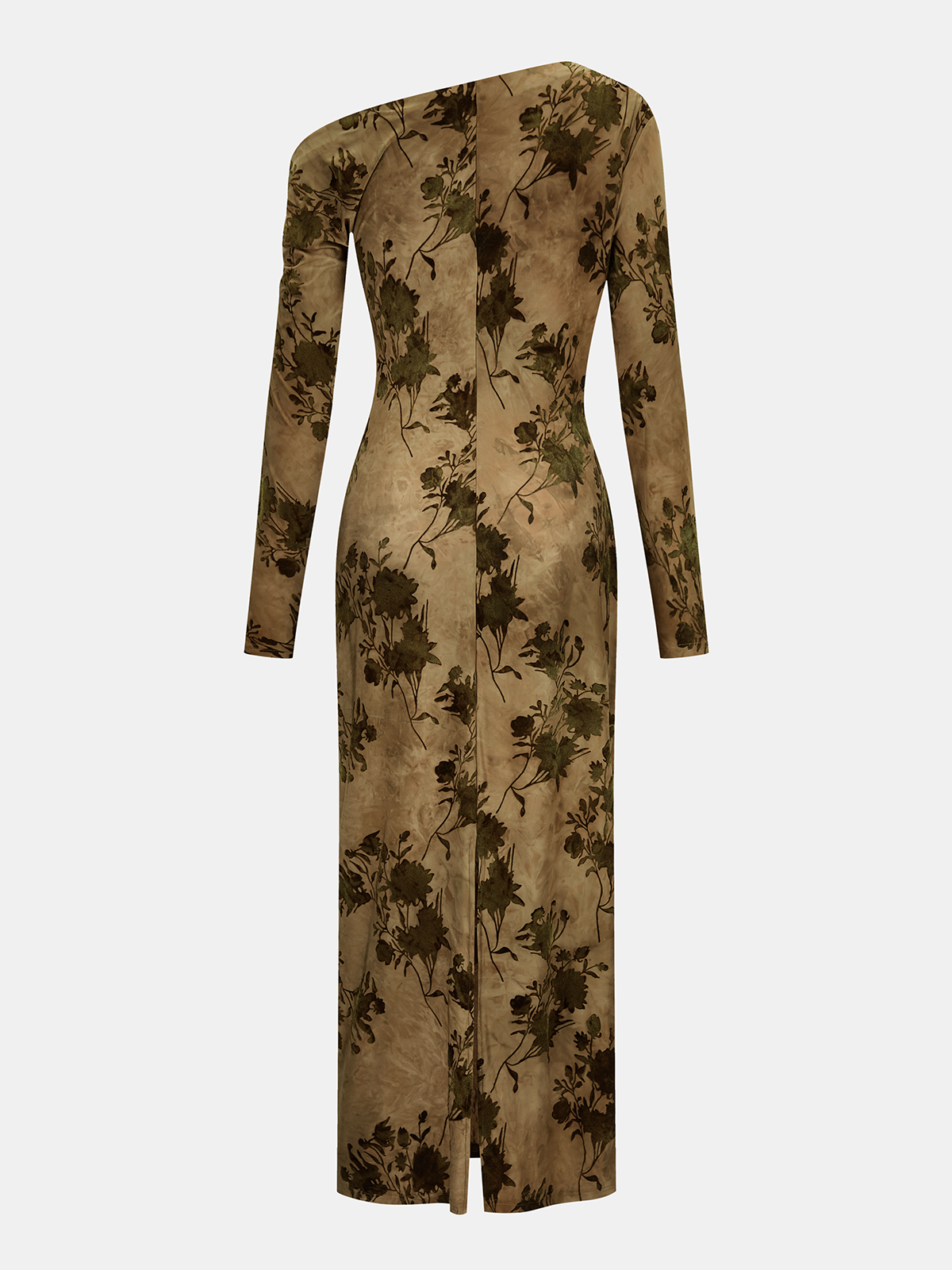 One-Shoulder Flocked-Floral Midi Dress-Chicvia