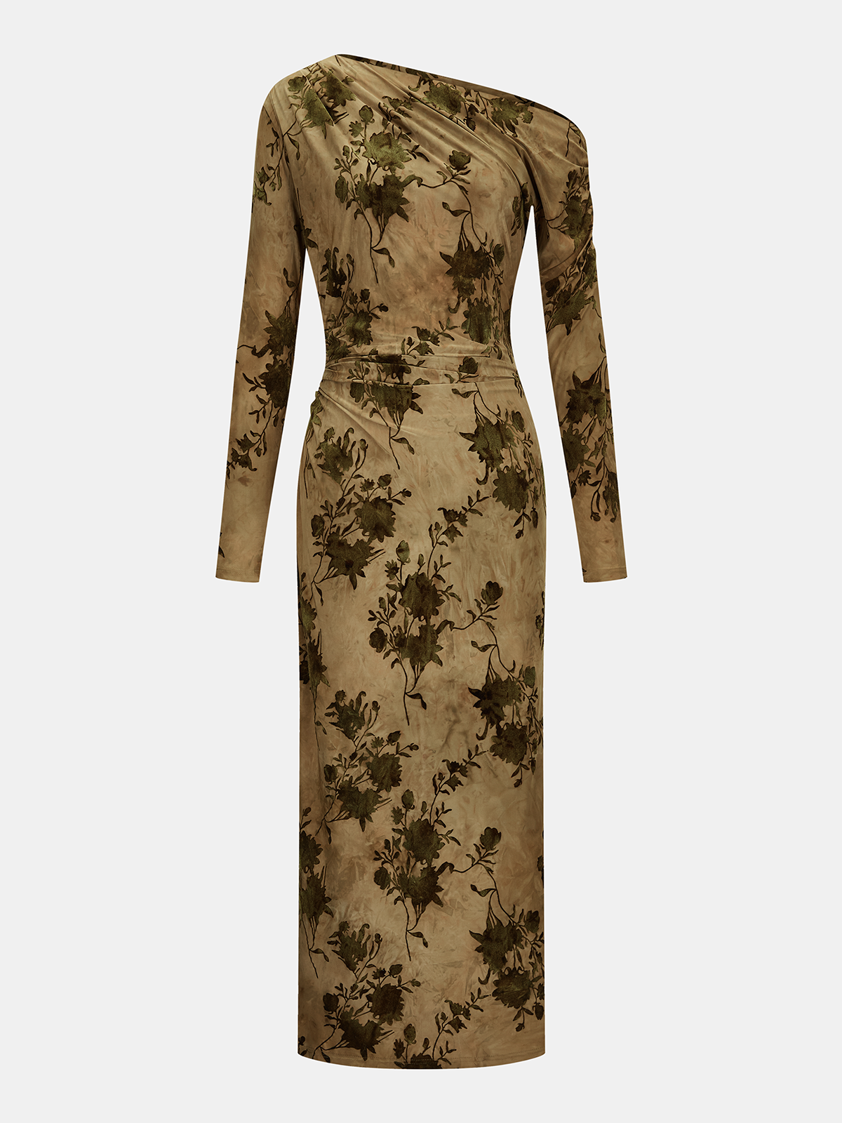 One-Shoulder Flocked-Floral Midi Dress-Chicvia