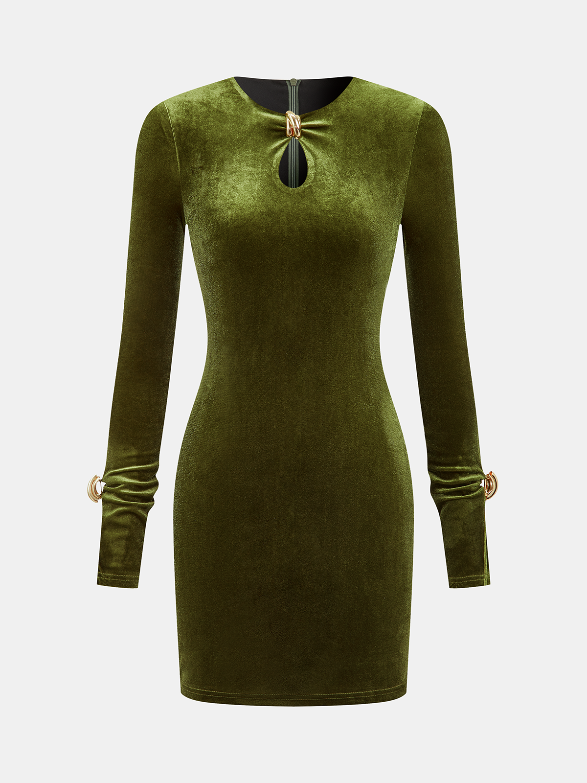 Metal Detail Velvet Cut-Out Bodycon Dress-Chicvia