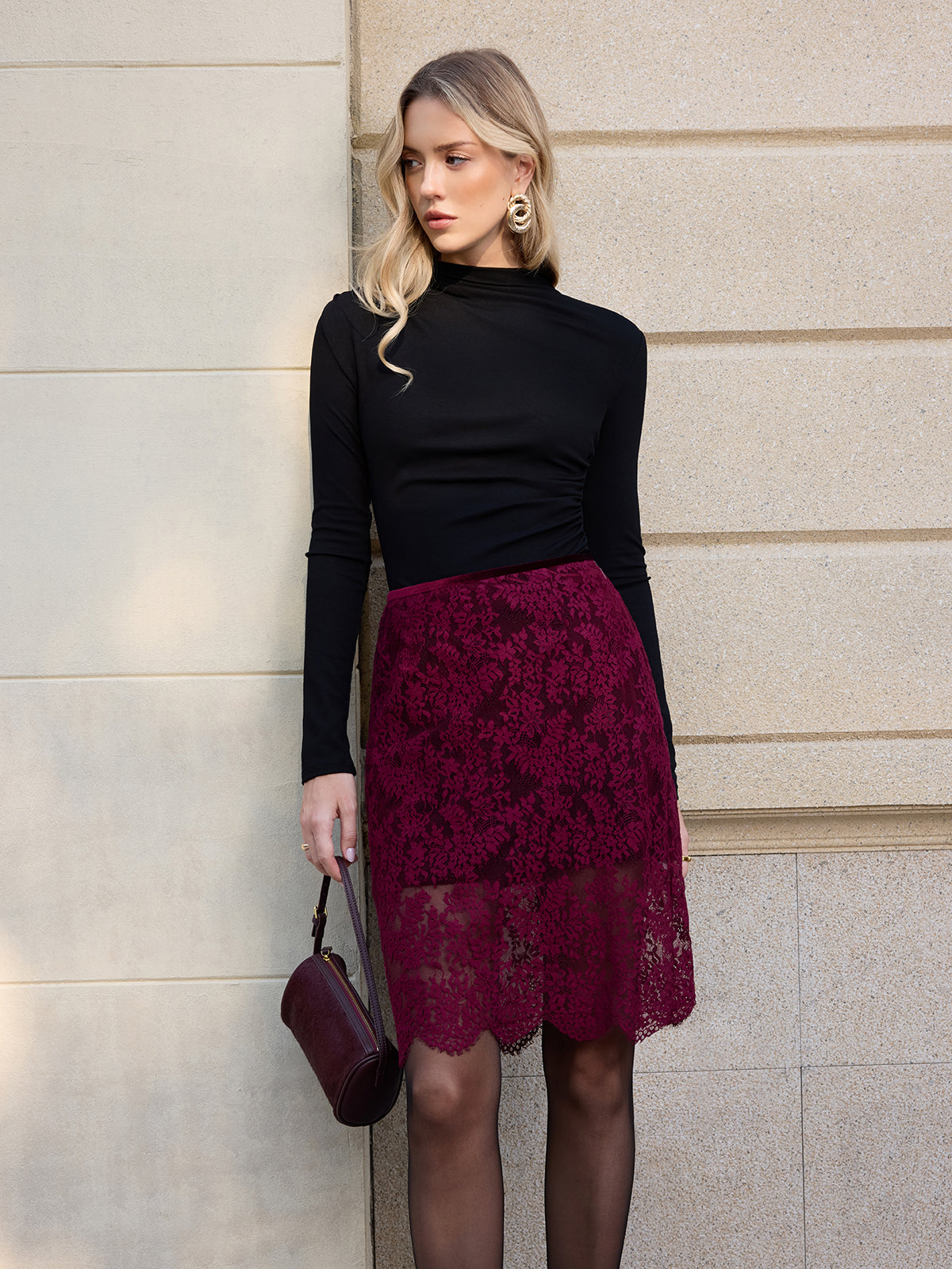 Floral Lace Midi Skirt-Chicvia