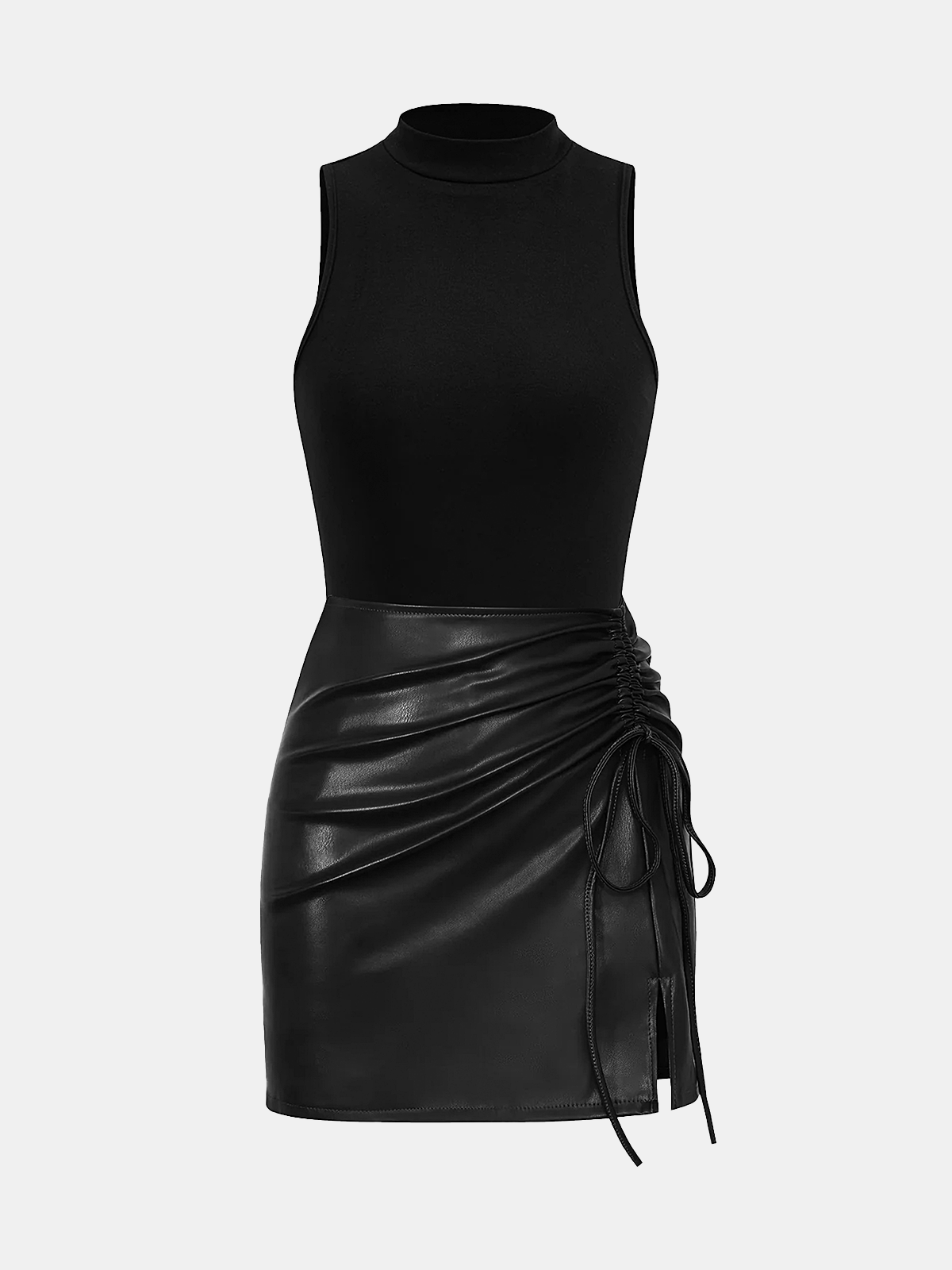 Knit Sleeveless Top & Faux Leather Mini Skirt Set-Chicvia