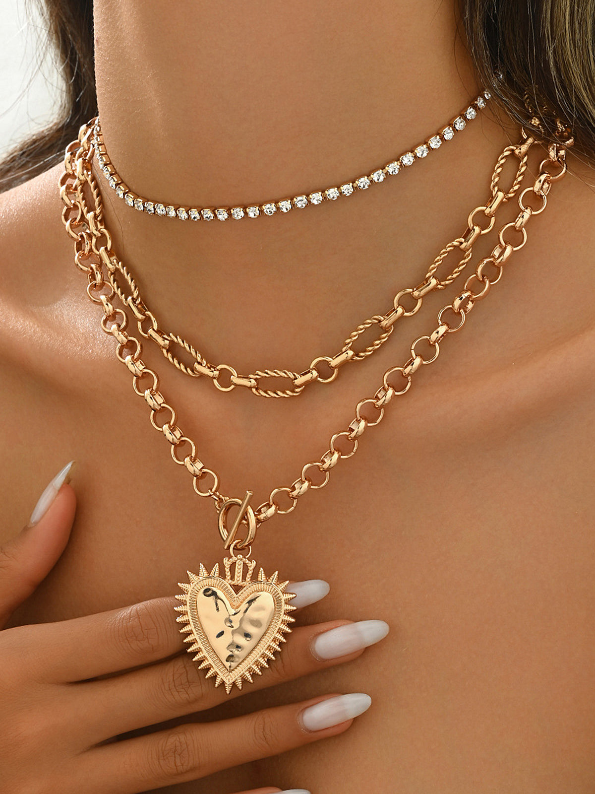 Layered Chain Heart Rhinestone Necklace-Chicvia