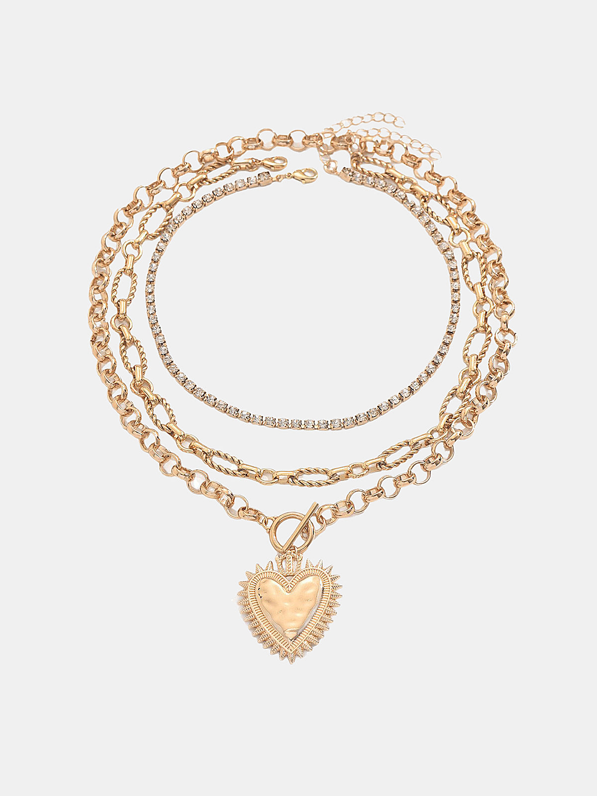 Layered Chain Heart Rhinestone Necklace-Chicvia