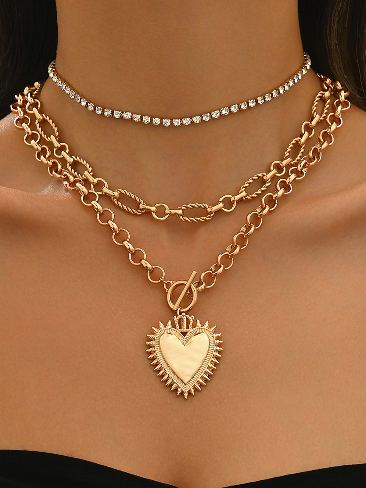 Layered Chain Heart Rhinestone Necklace-Chicvia