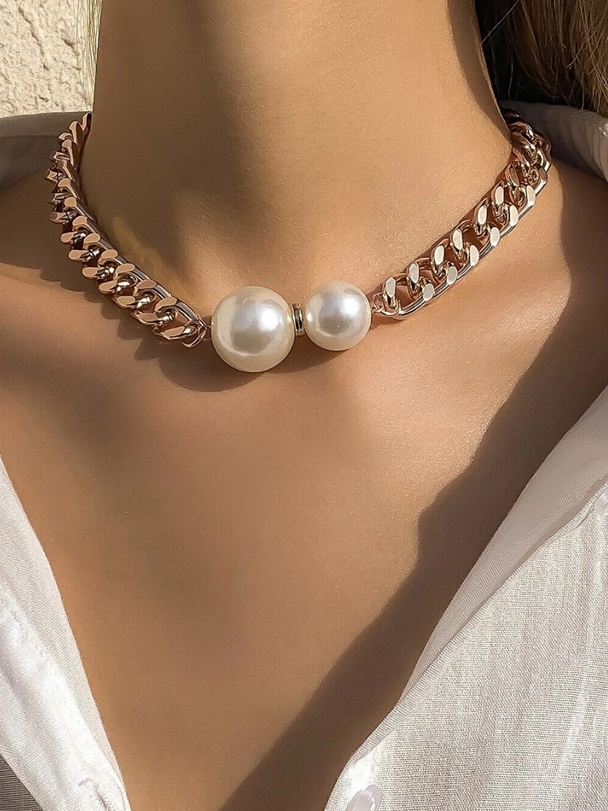 Double Pearl Chain Necklace-Chicvia