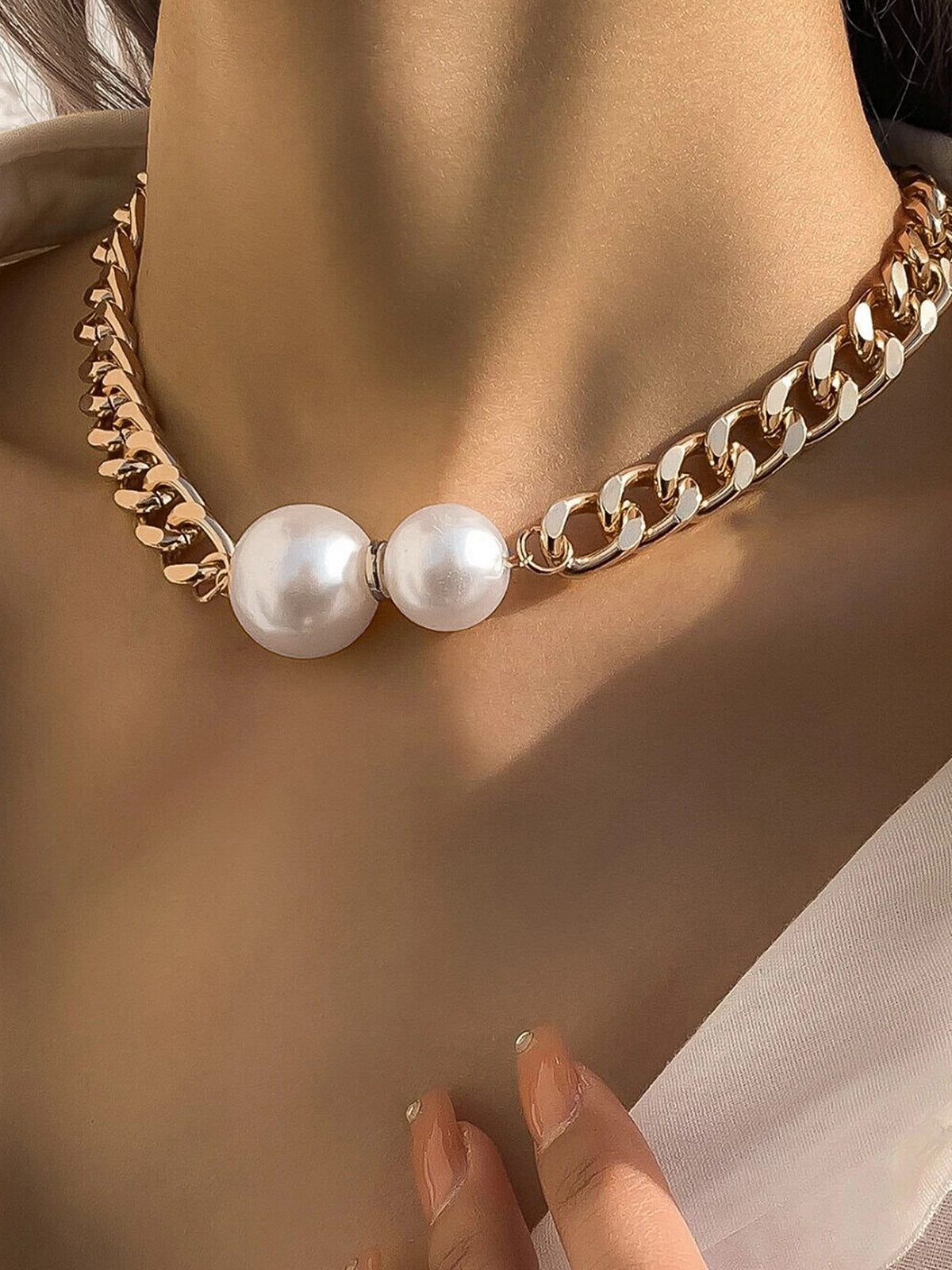 Double Pearl Chain Necklace-Chicvia
