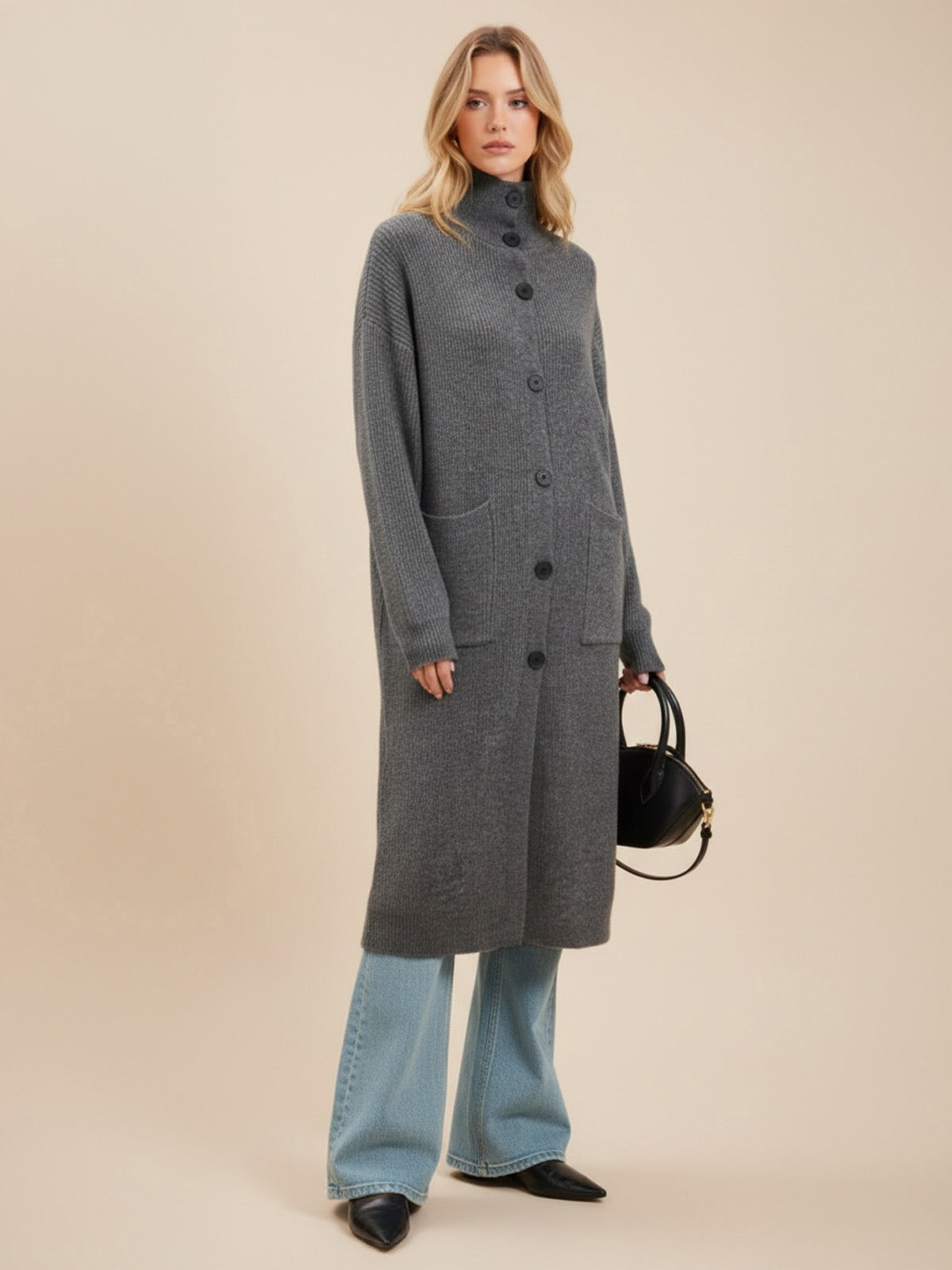 Loose Turtleneck Button-Front Long Cardigan Coat-Chicvia