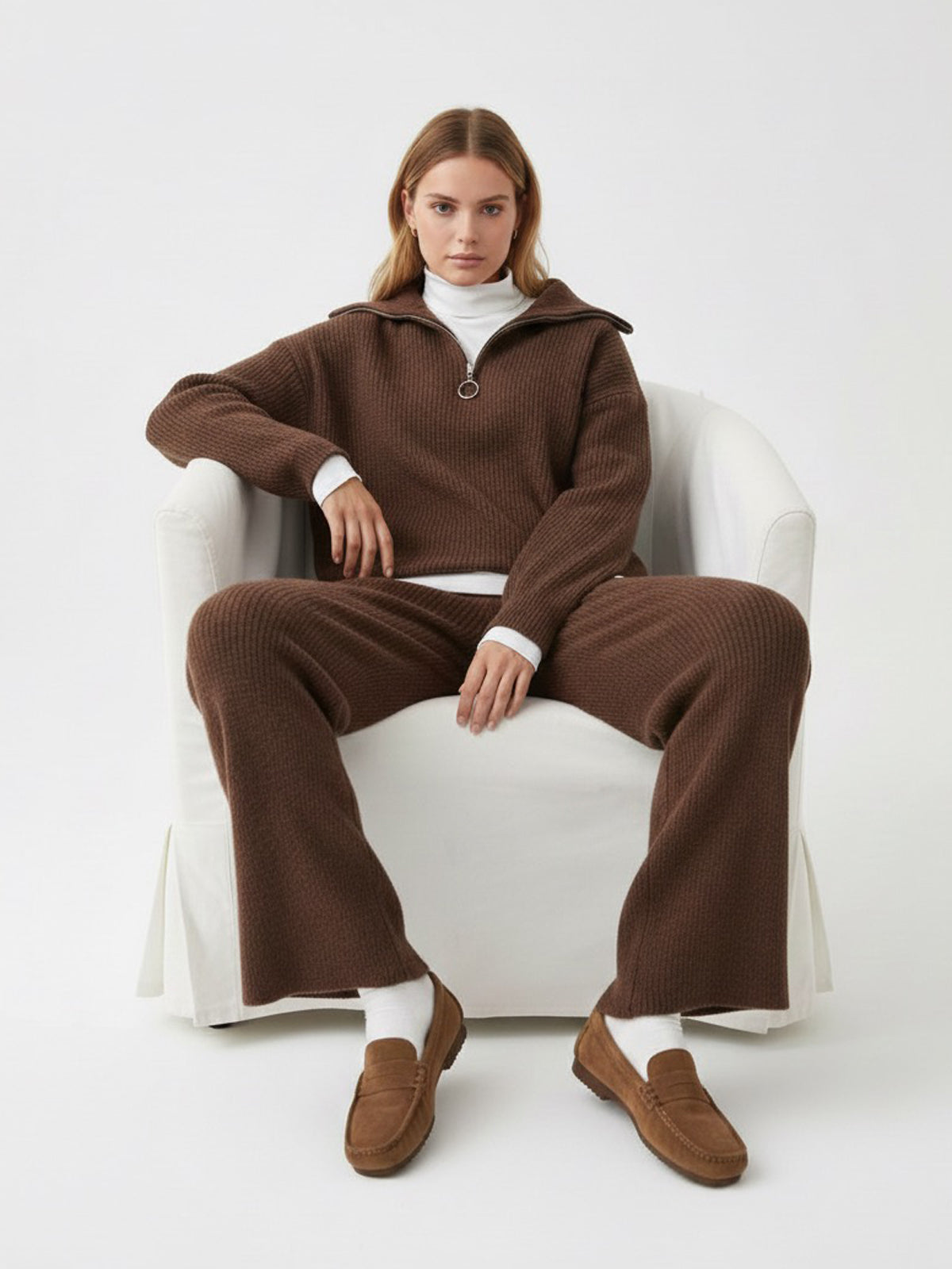 Half-Zip Sweater & Wide-Leg Pant Set-Chicvia