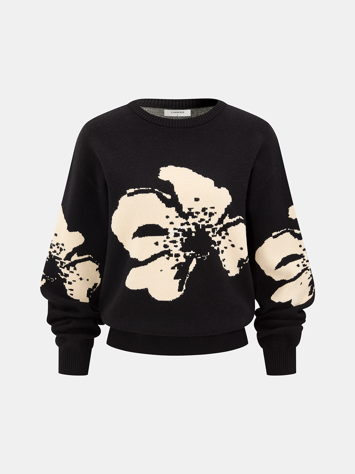 Floral Pattern Crew Neck Knit Sweater-Chicvia