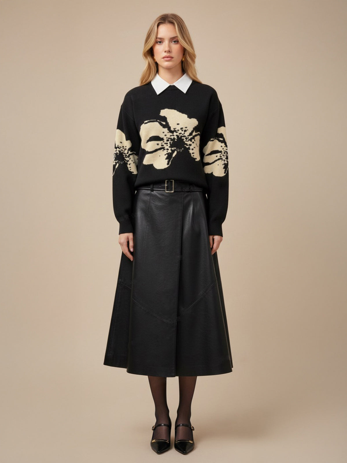 Floral Pattern Crew Neck Knit Sweater-Chicvia