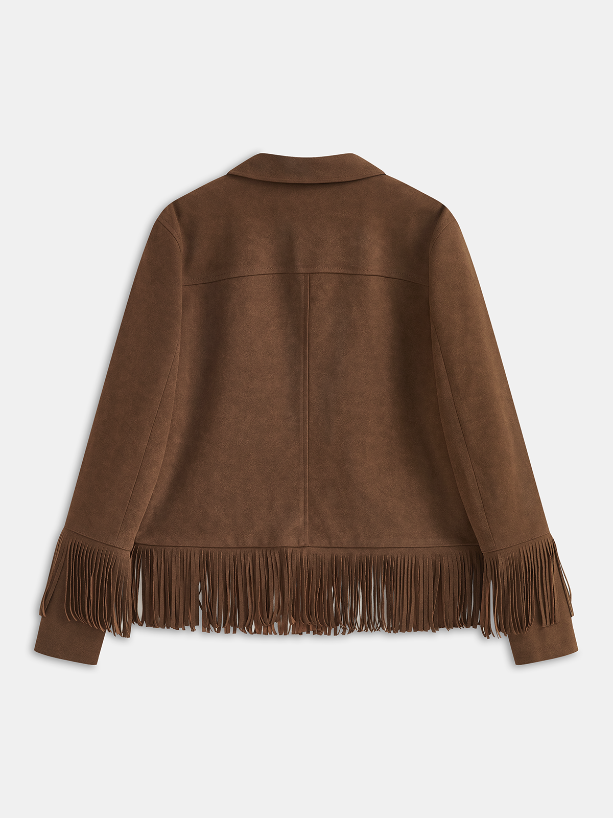 Fringe Button-Front Collared Suede Effect Jacket-Chicvia