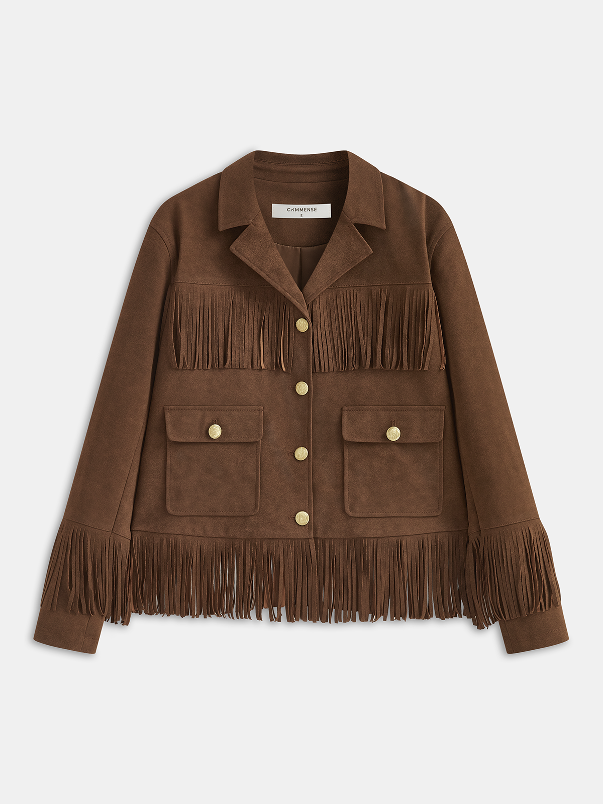 Fringe Button-Front Collared Suede Effect Jacket-Chicvia