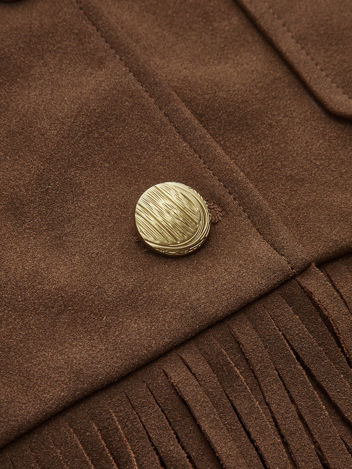 Fringe Button-Front Collared Suede Effect Jacket-Chicvia