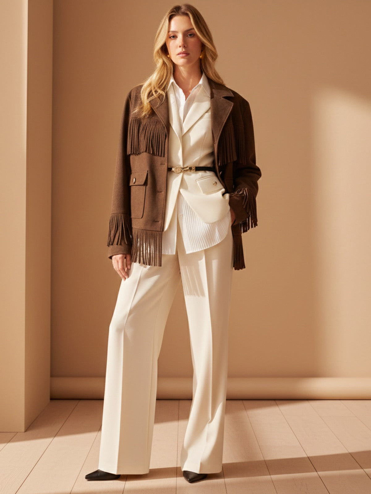 Fringe Button-Front Collared Suede Effect Jacket-Chicvia