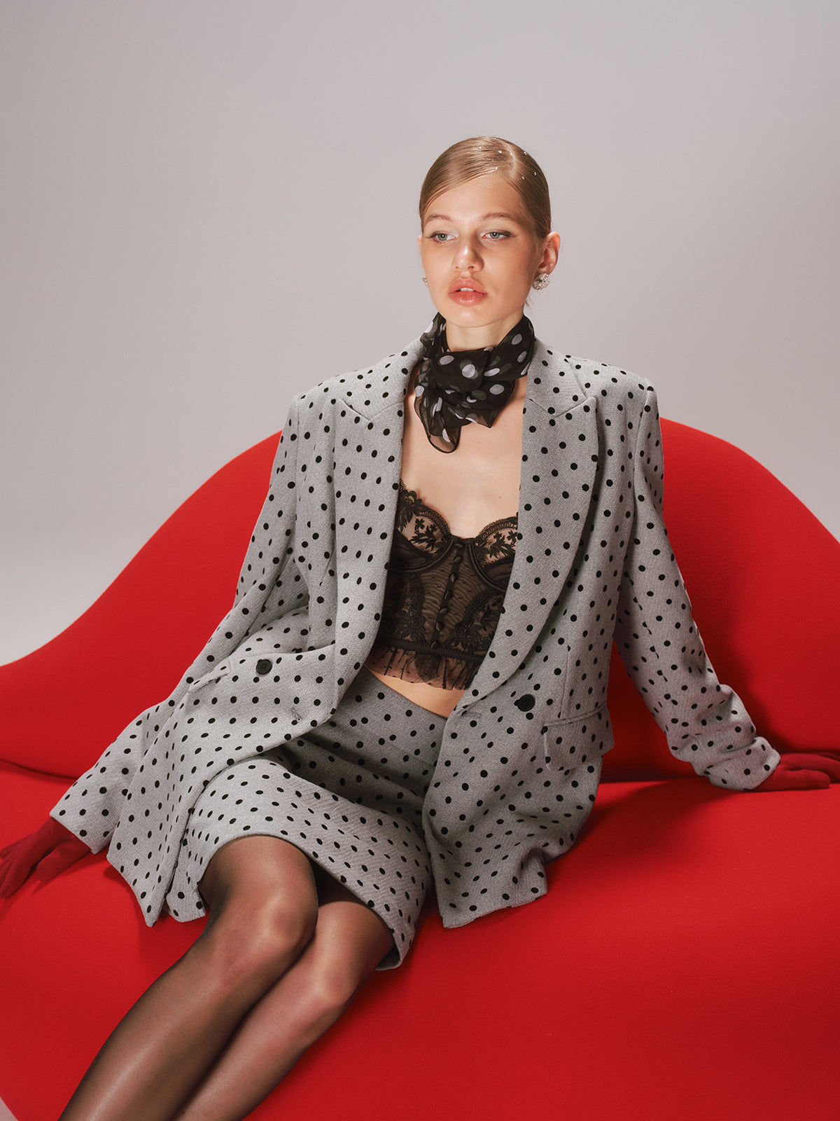 Polka Dot Double-Breasted Blazer-Chicvia