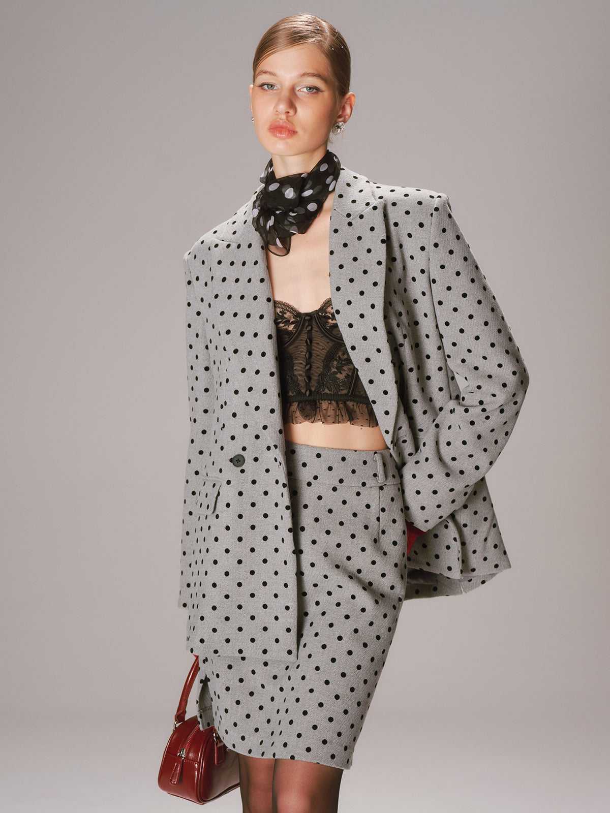 Polka Dot Double-Breasted Blazer-Chicvia