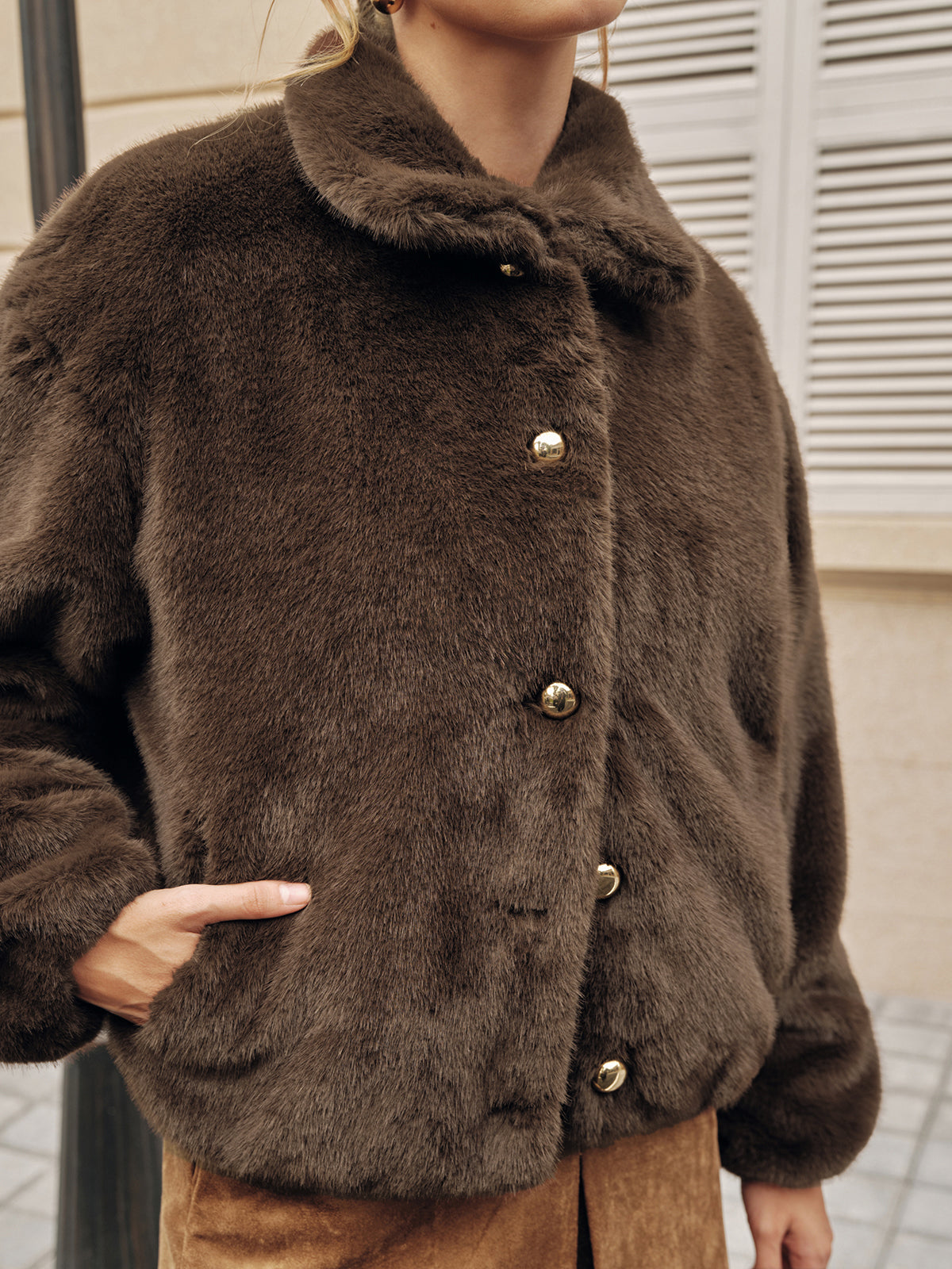 Metal Button Faux Fur Coat-Chicvia