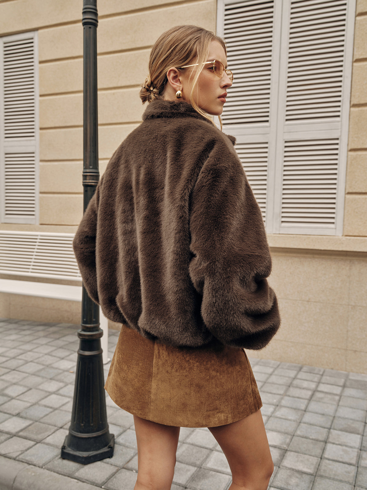 Metal Button Faux Fur Coat-Chicvia