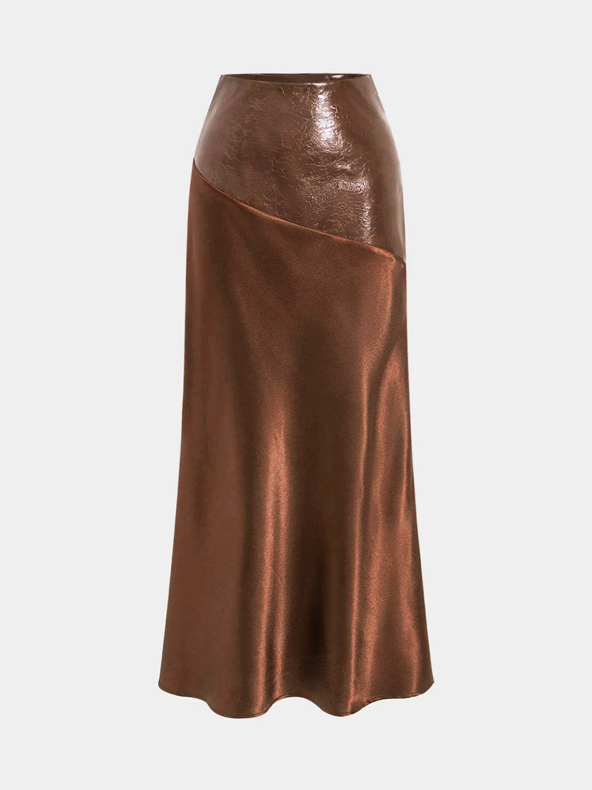 Faux Leather Panel Asymmetric Satin Maxi Skirt-Chicvia