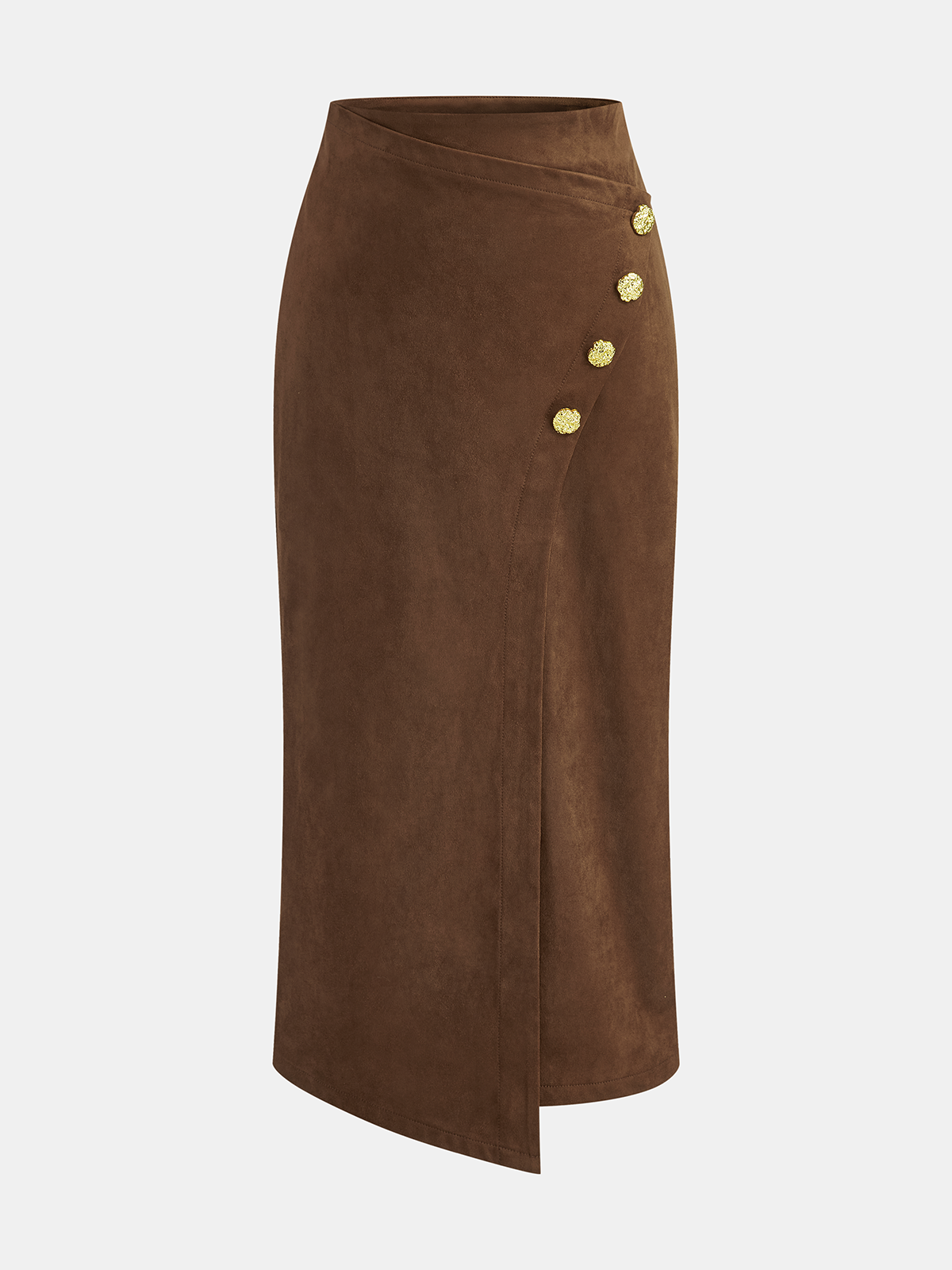 Metal Detail Suede Effect Asymmetric Maxi Skirt-Chicvia