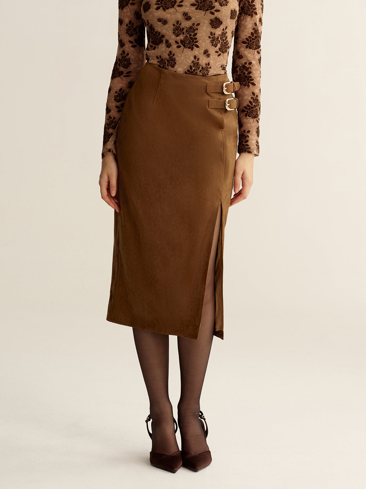 Buckle Detail Side Slit Suede Effect Maxi Skirt-Chicvia