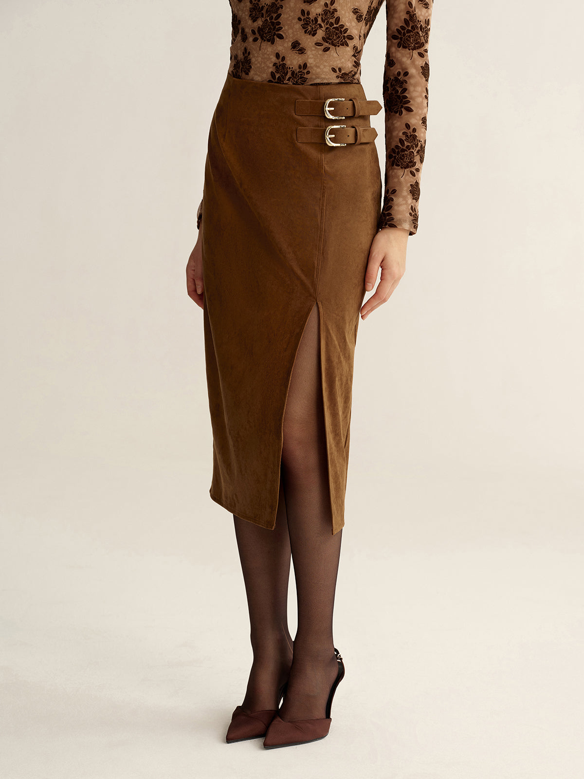 Buckle Detail Side Slit Suede Effect Maxi Skirt-Chicvia