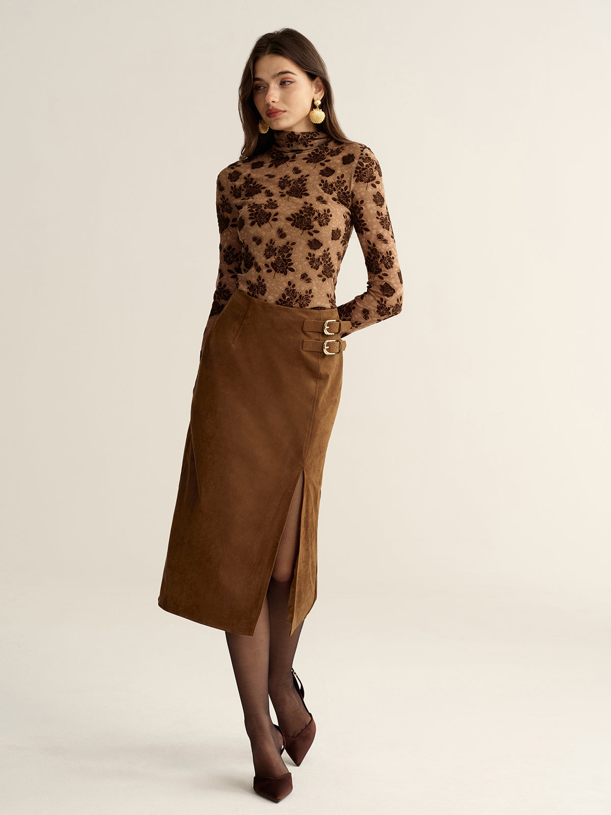 Buckle Detail Side Slit Suede Effect Maxi Skirt-Chicvia