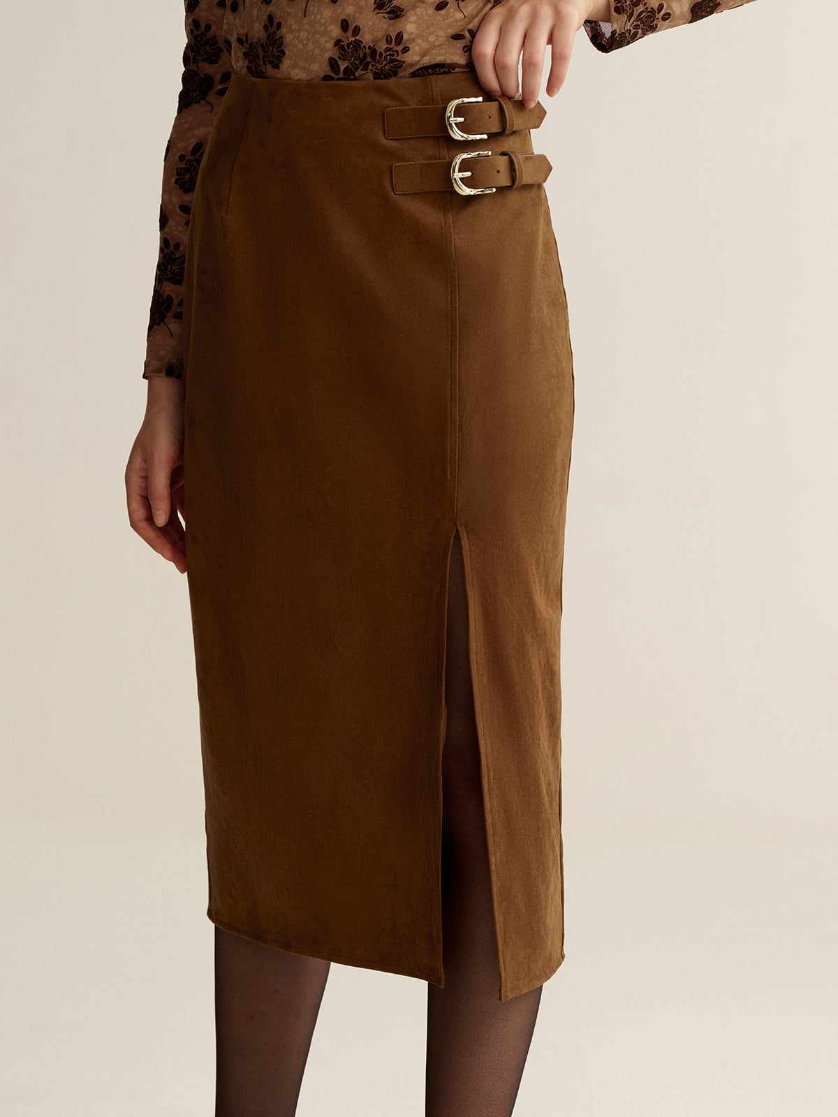 Buckle Detail Side Slit Suede Effect Maxi Skirt-Chicvia