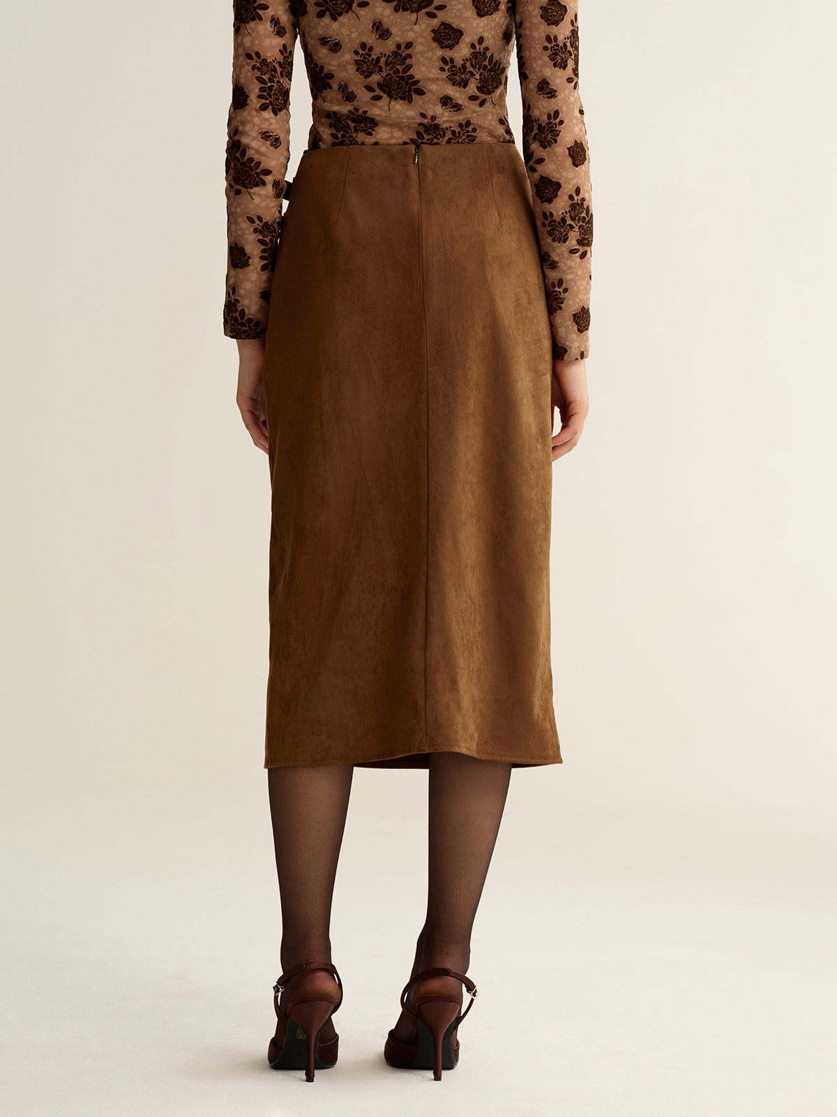 Buckle Detail Side Slit Suede Effect Maxi Skirt-Chicvia