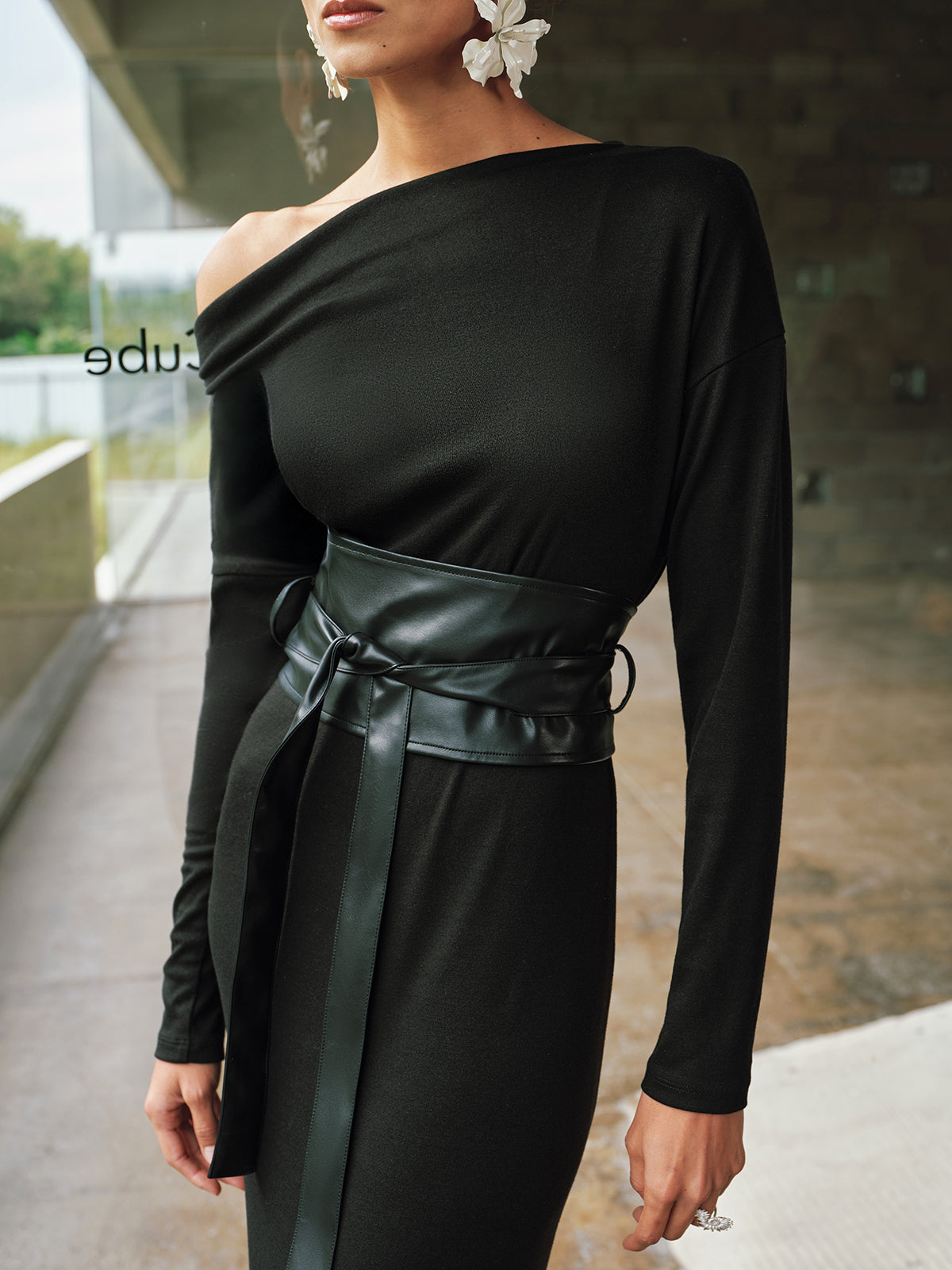 Off-Shoulder Waist Cincher Slit Maxi Dress-Chicvia