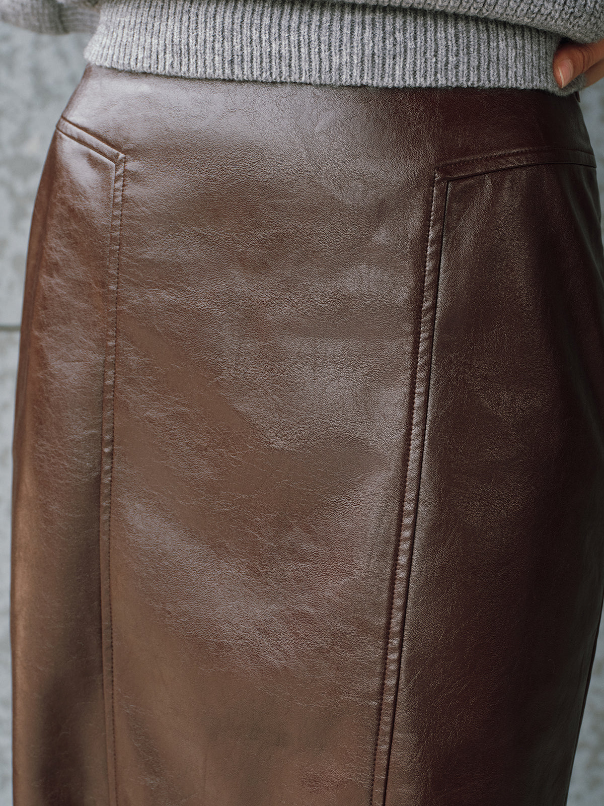 Faux Leather Lace Trim Midi Skirt-Chicvia