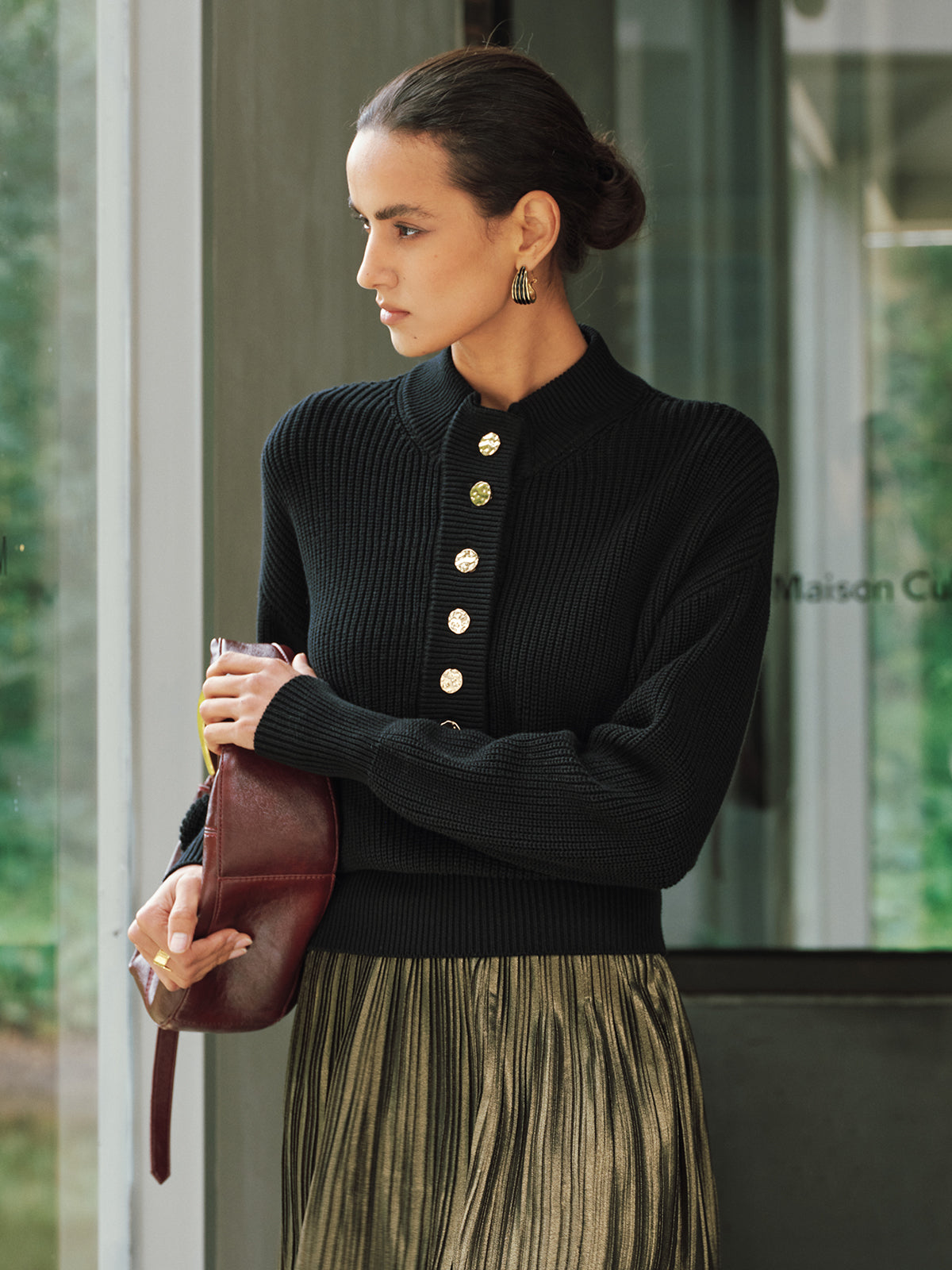 Ribbed Metal Button Sweater-Chicvia