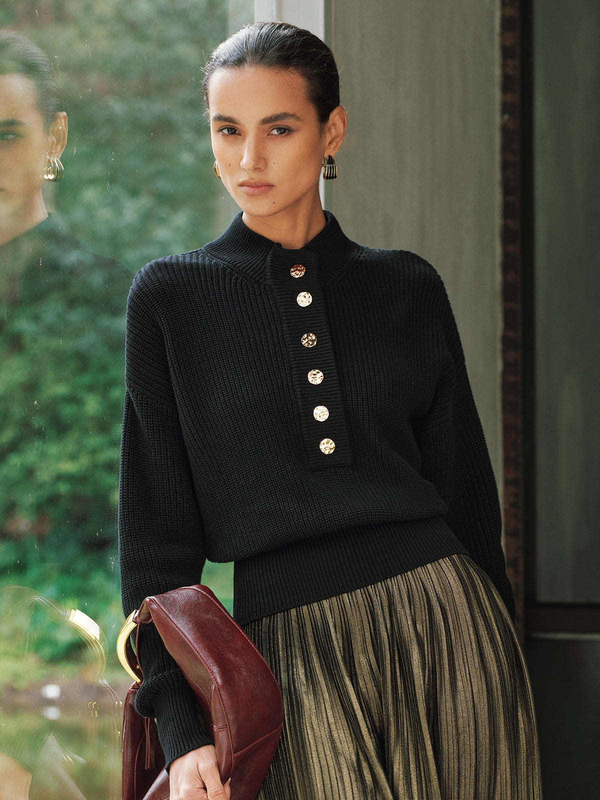 Ribbed Metal Button Sweater-Chicvia